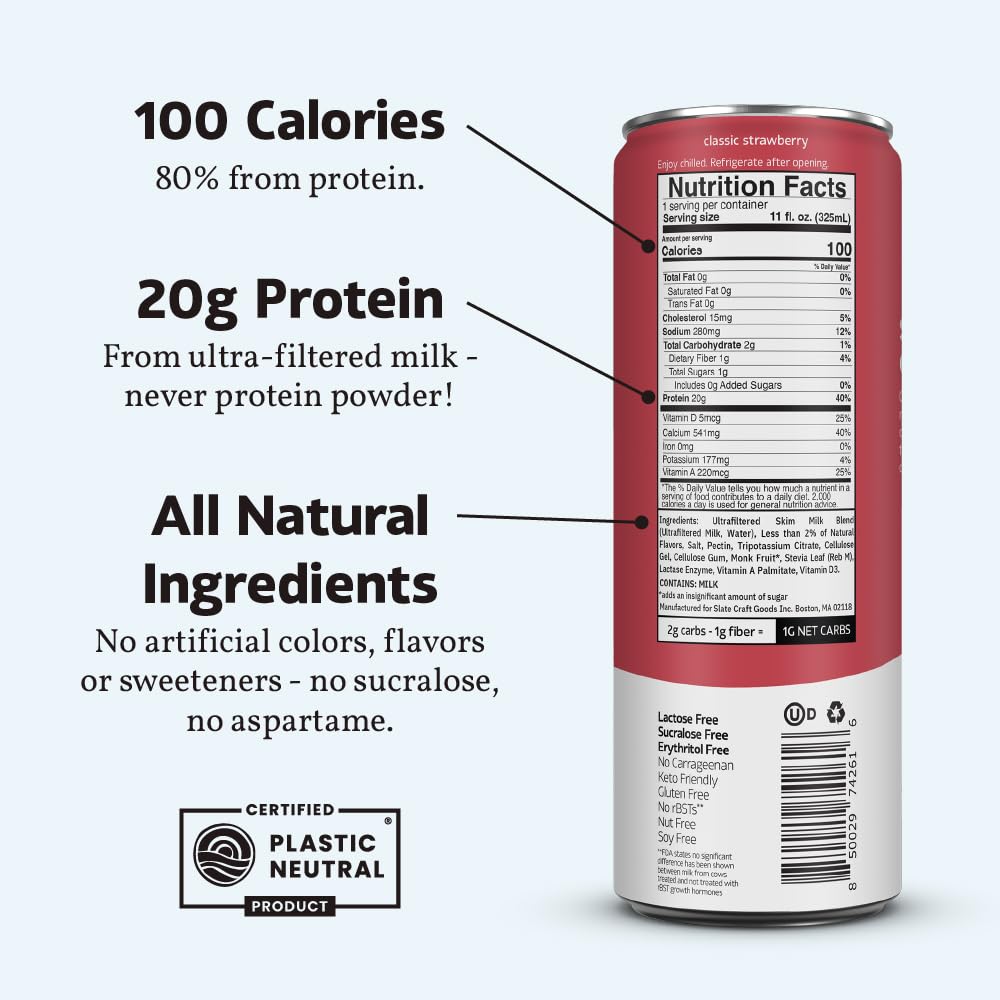 Slate Milk - High Protein Milk Shake (Classic Strawberry) | Lactose Free, 20g Protein, 1g Sugar, 100 Calories