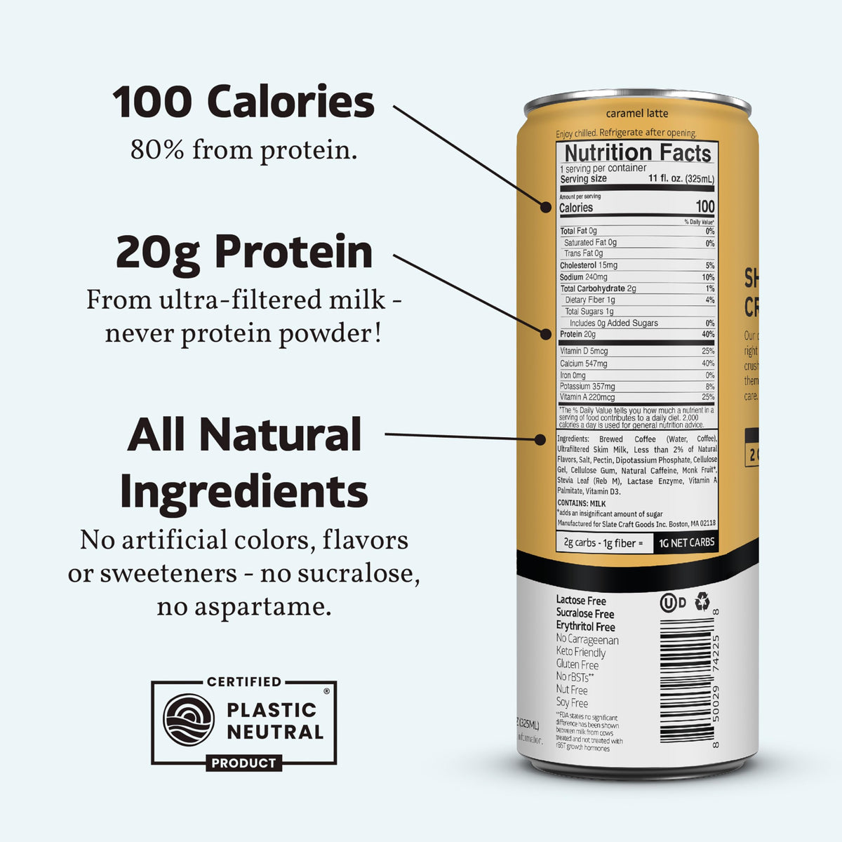 Slate Milk Caramel Latte Iced Coffee – 20g Protein, 175mg Caffeine, Lactose Free, 11 oz Can (12-Pack)