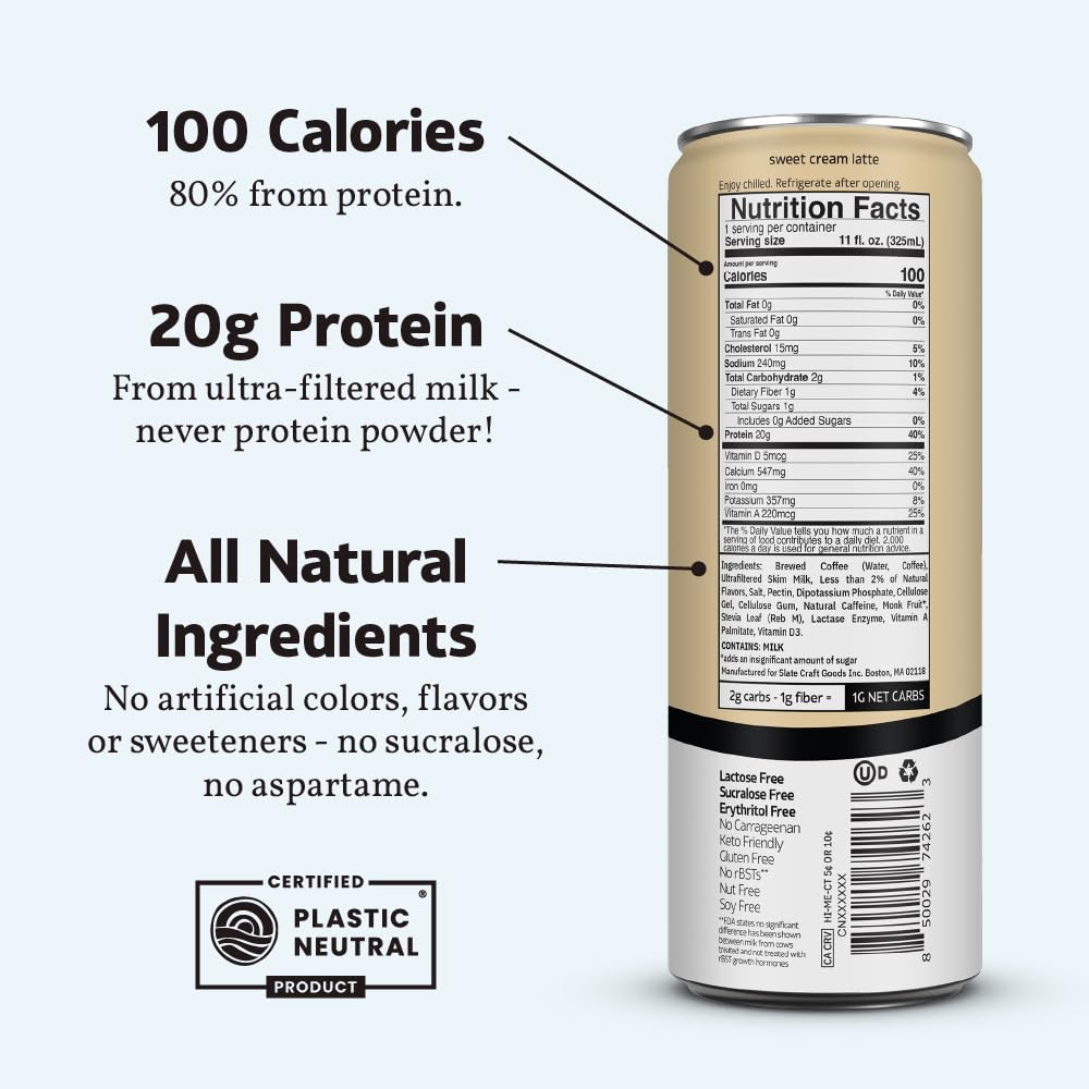 Slate Milk - High Protein Iced Coffee - Sweet Cream Latte | 11 fl oz Can, 175mg Caffeine, Lactose Free, 20g Protein, 1g Sugar, 100 Calories, 1g Net Carbs, No Sugar Added