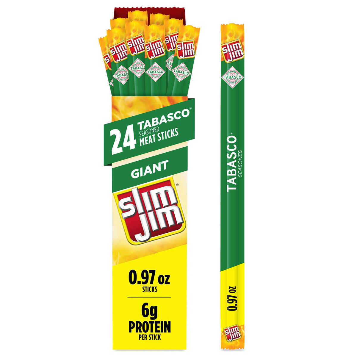 Slim Jim Giant Tabasco Smoked Meat Sticks – 24 Count, 6 g Protein per Stick