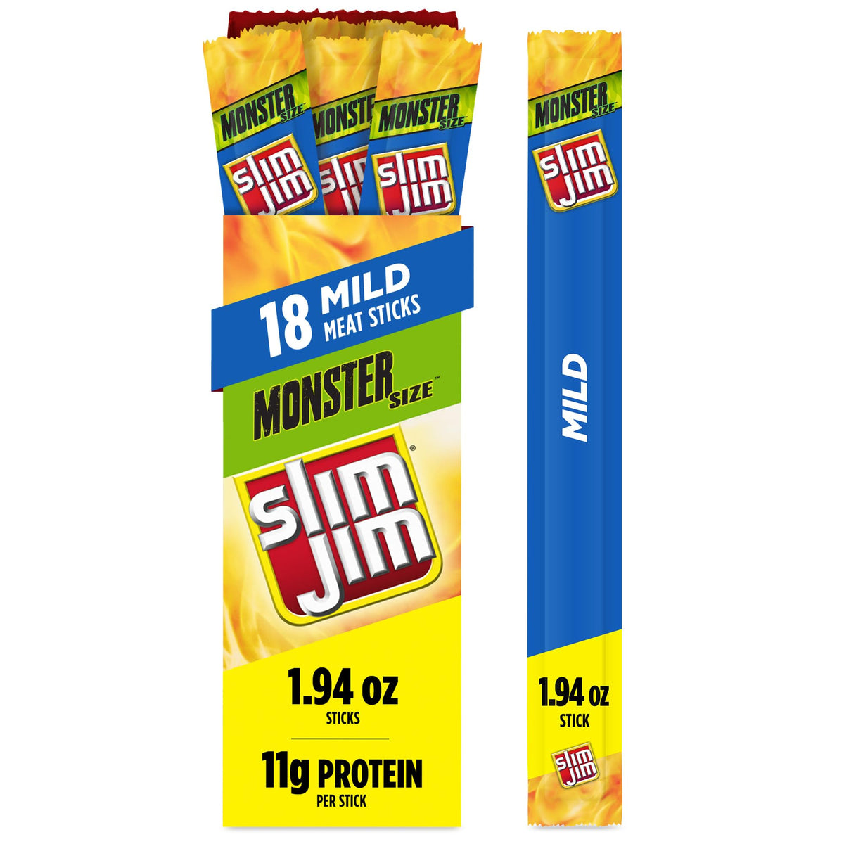 Slim Jim Monster Mild Smoked Meat Sticks – 11 g Protein, 18 Count (1.94 oz each)