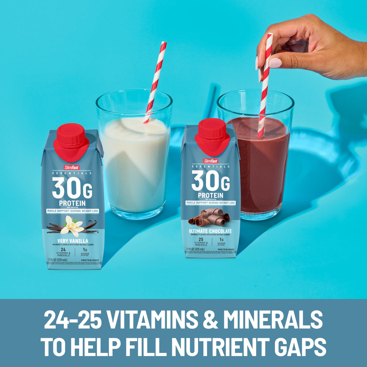 SlimFast Essentials 30g Protein Shake – Ultimate Chocolate, Ready-to-Drink, 1g Sugar, 3g Net Carbs, 25 Vitamins & Minerals | 12 Count