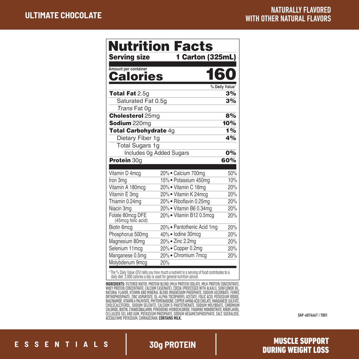 SlimFast Essentials 30g Protein Shake – Ultimate Chocolate, Ready-to-Drink, 1g Sugar, 3g Net Carbs, 25 Vitamins & Minerals | 12 Count