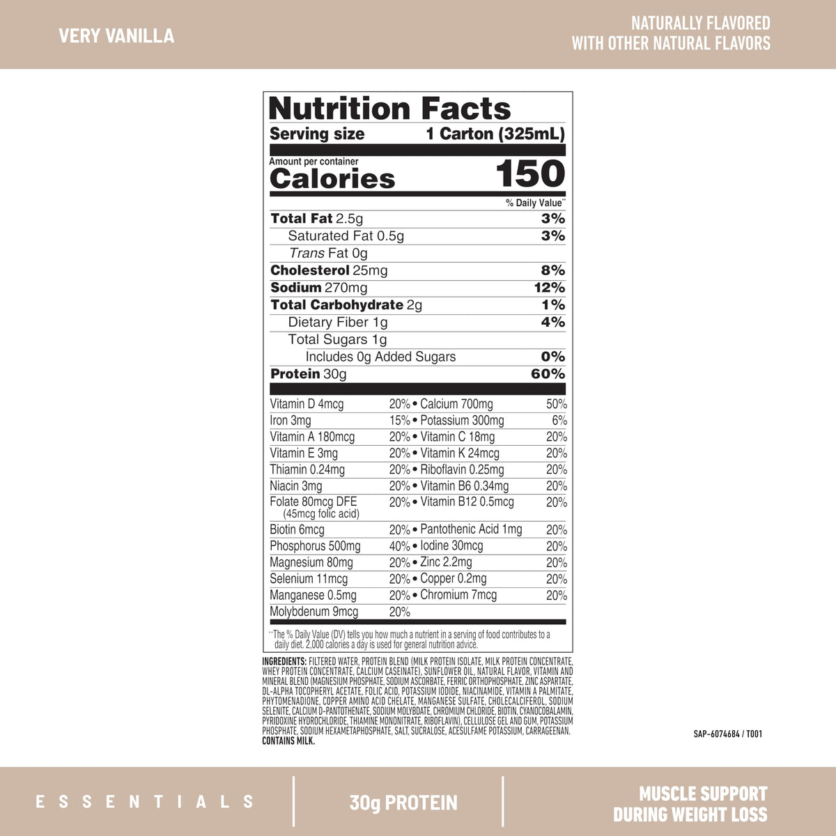 SlimFast Essentials Vanilla Protein Shake – 30g Protein, 1g Sugar, 1g Net Carbs, Ready-to-Drink, 12 Count