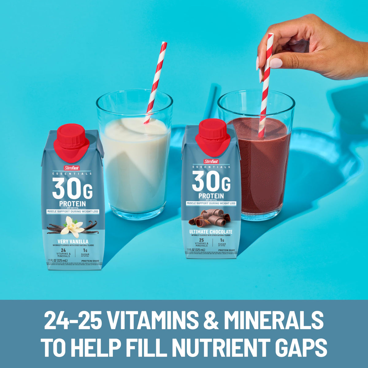 SlimFast Essentials Vanilla Protein Shake – 30g Protein, 1g Sugar, 1g Net Carbs, Ready-to-Drink, 12 Count