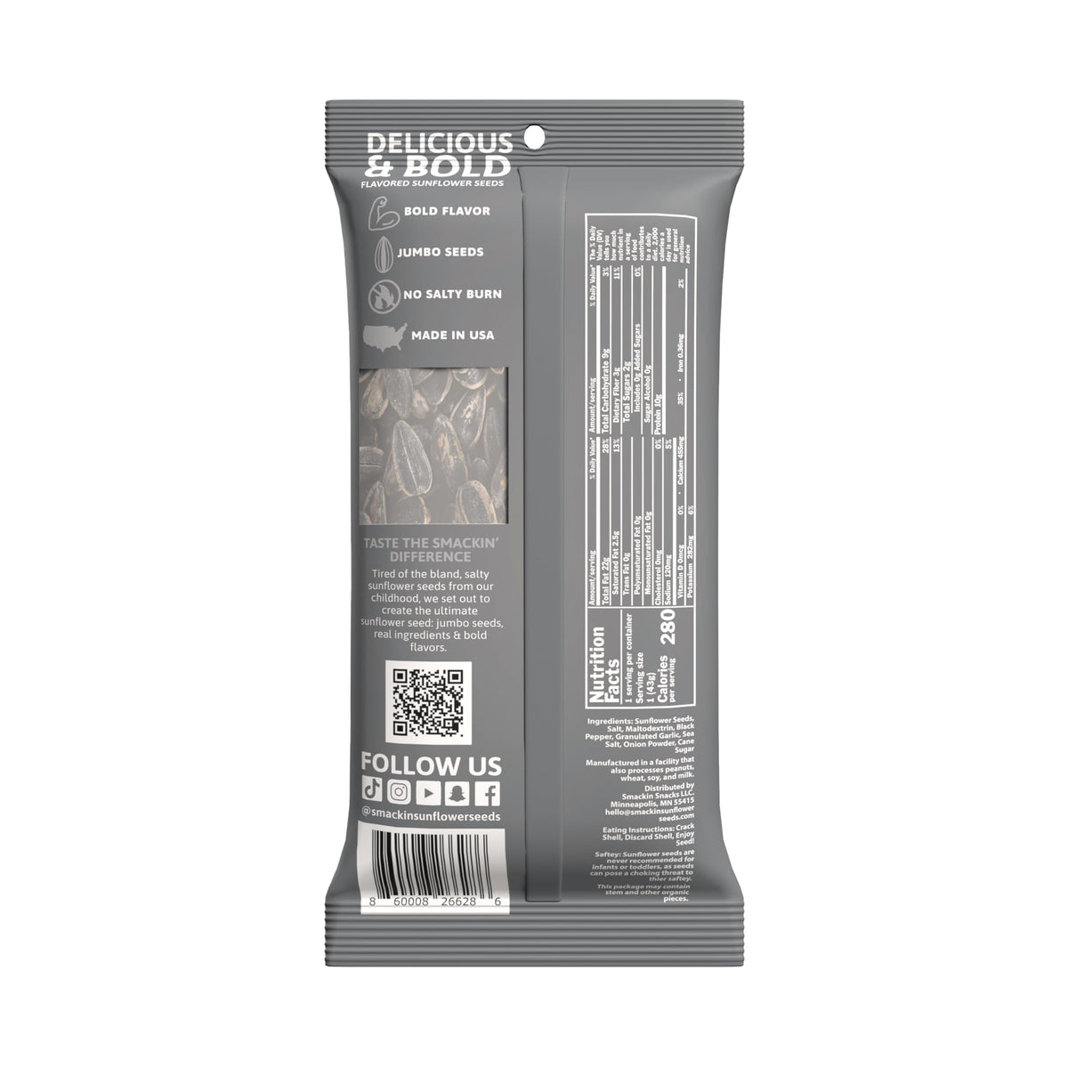 SMACKIN' Sunflower Seeds - Cracked Pepper, Roasted Jumbo, Small-Batch, USA Made (1.5oz 6-Pack)
