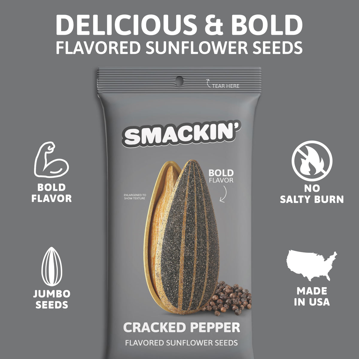 SMACKIN' Sunflower Seeds - Cracked Pepper, Roasted Jumbo, Small-Batch, USA Made (1.5oz 6-Pack)