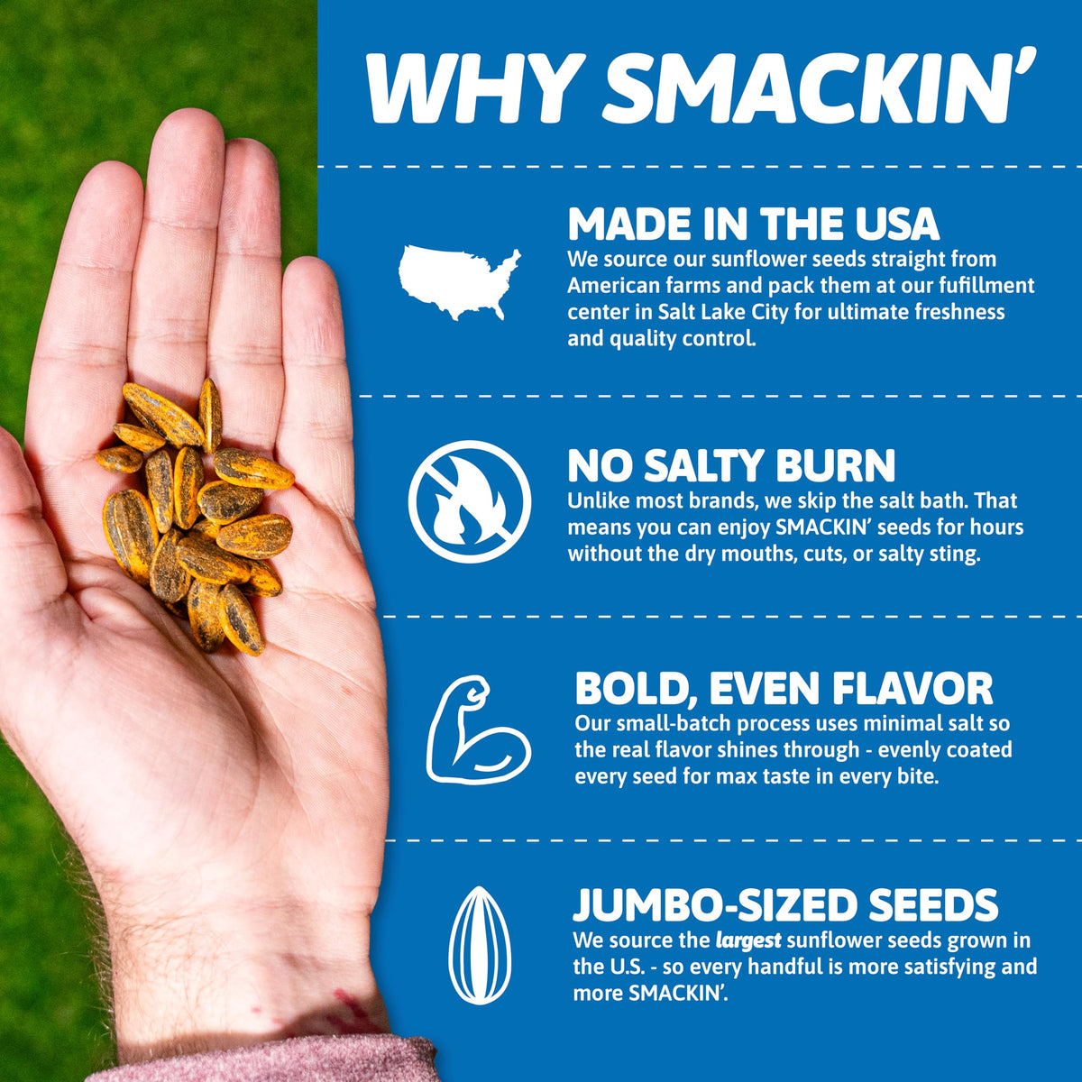 SMACKIN' Sunflower Seeds - Cracked Pepper, Roasted Jumbo, Small-Batch, USA Made (1.5oz 6-Pack)