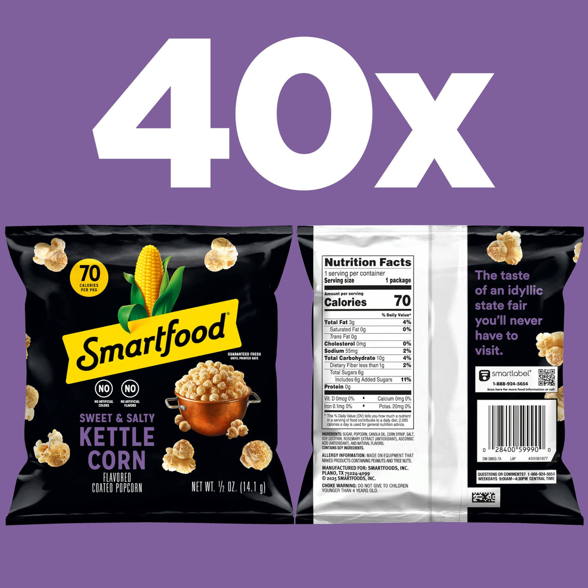 Smartfood Popcorn – Sweet & Salty Kettle Corn, 0.5 oz, Pack of 40 | Air-Popped Whole Grain