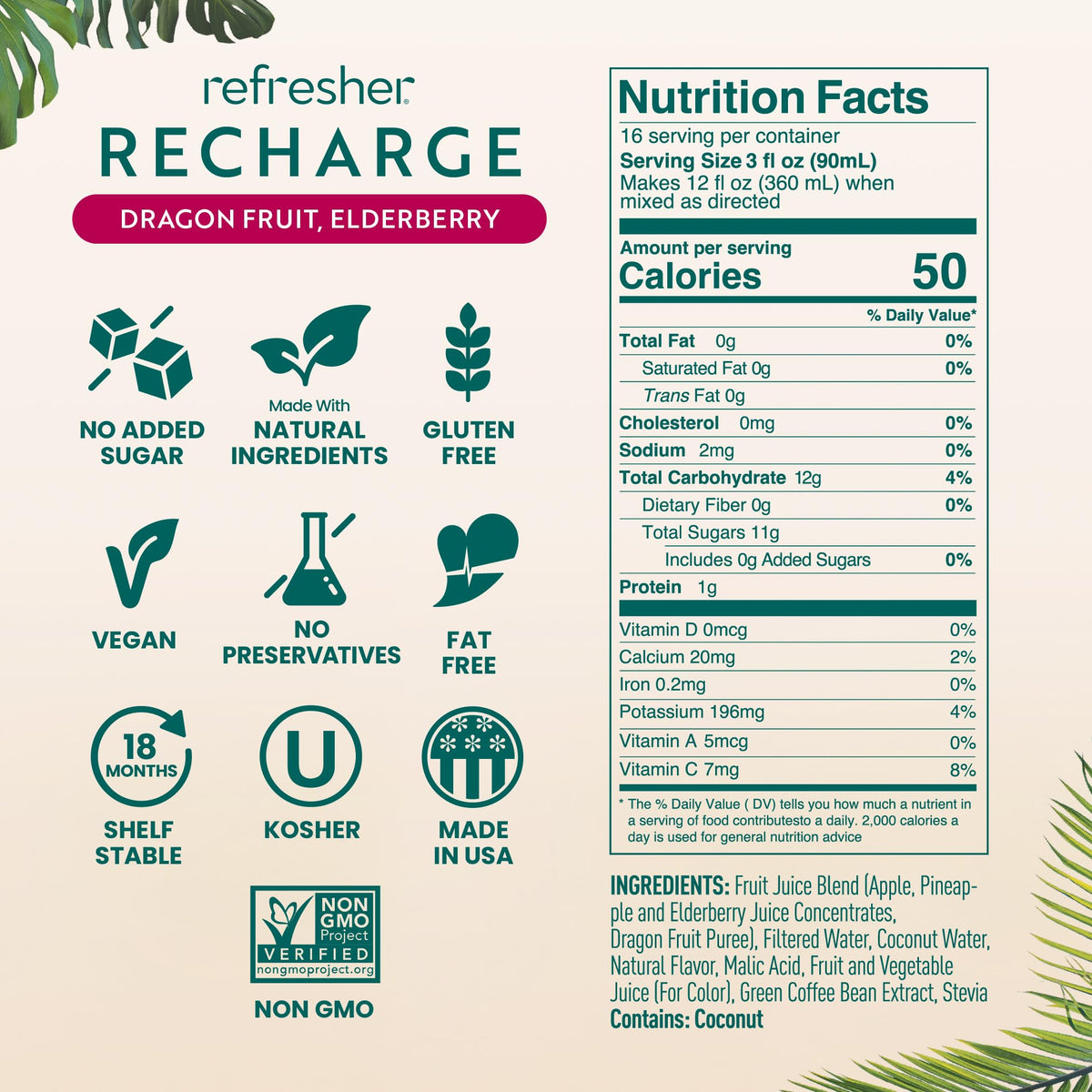 Smartfruit Recharge Refresher – Dragon Fruit & Elderberry, Real Fruit Juice, No Added Sugar, Coconut Water for Hydration, 34 mg Caffeine per Serving – 48oz Drink Mix