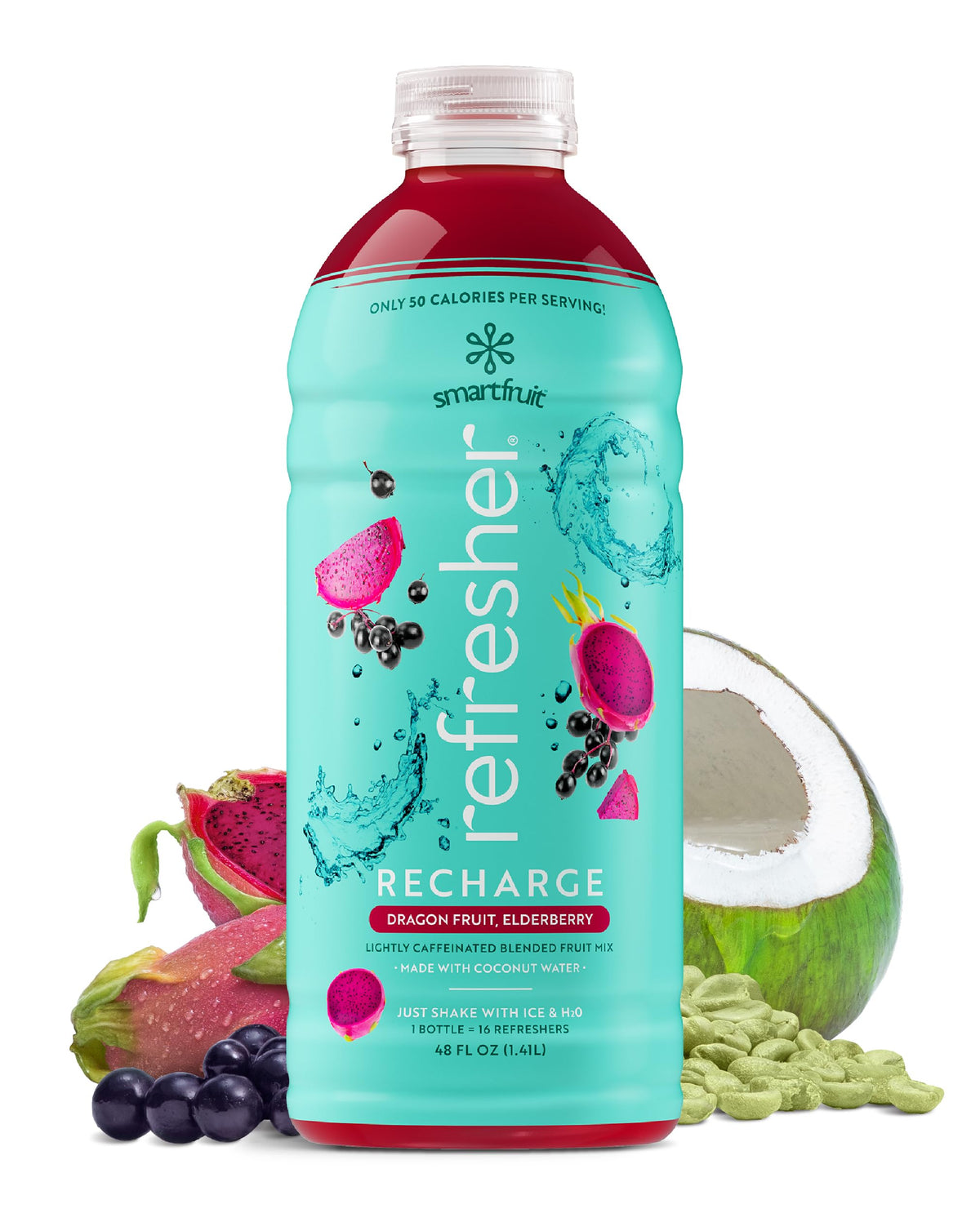Smartfruit Recharge Refresher – Dragon Fruit & Elderberry, Real Fruit Juice, No Added Sugar, Coconut Water for Hydration, 34 mg Caffeine per Serving – 48oz Drink Mix