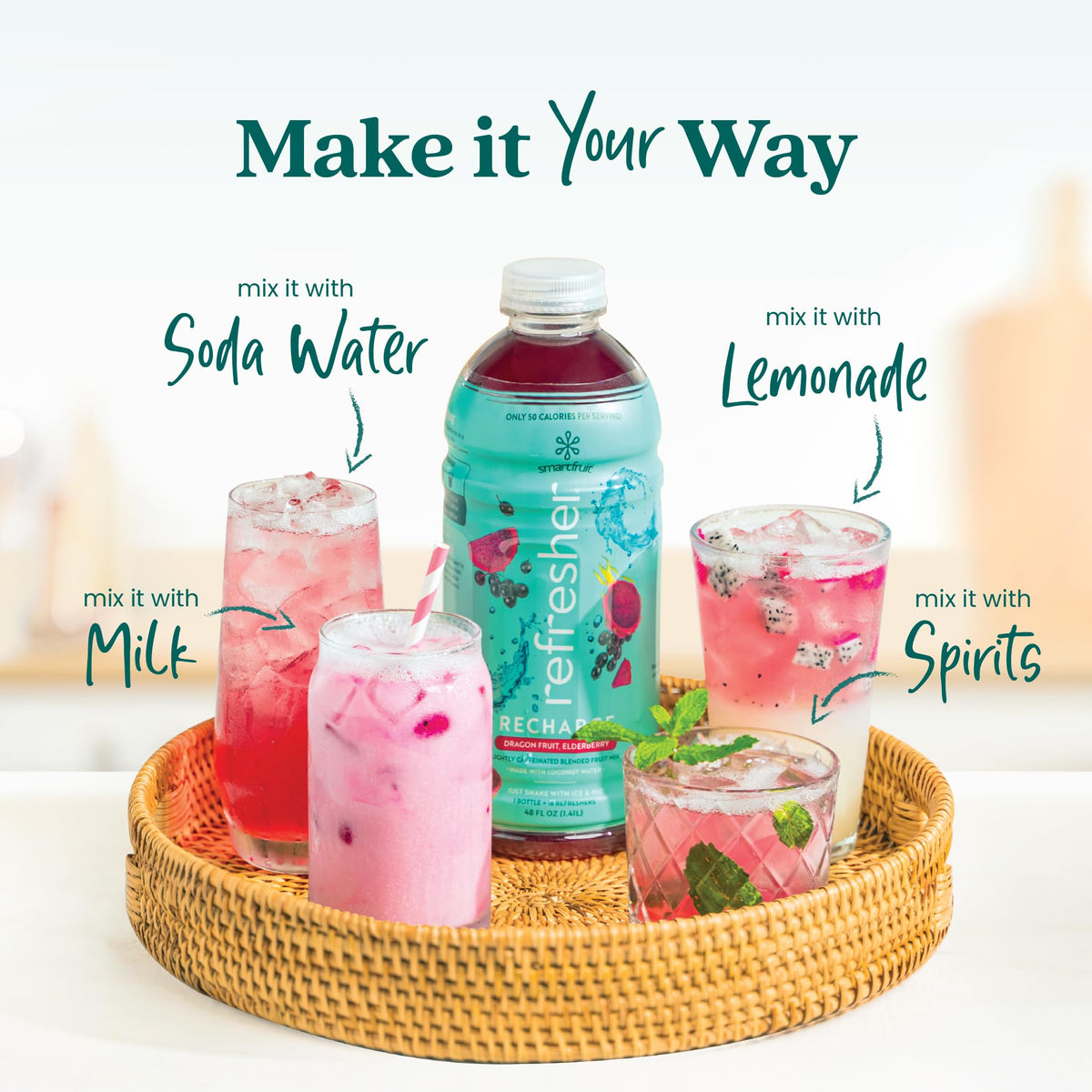 Smartfruit Recharge Refresher – Dragon Fruit & Elderberry, Real Fruit Juice, No Added Sugar, Coconut Water for Hydration, 34 mg Caffeine per Serving – 48oz Drink Mix