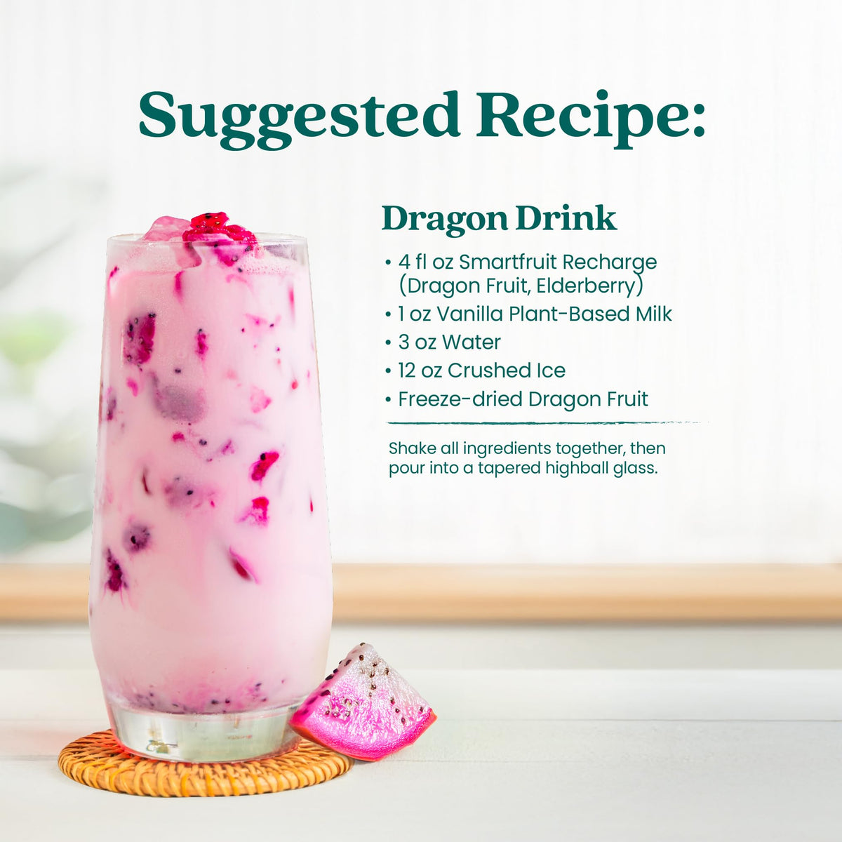 Smartfruit Recharge Refresher – Dragon Fruit & Elderberry, Real Fruit Juice, No Added Sugar, Coconut Water for Hydration, 34 mg Caffeine per Serving – 48oz Drink Mix