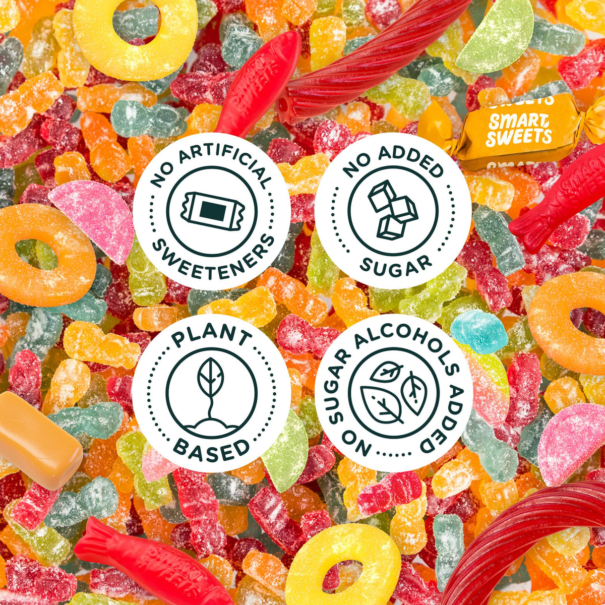 SmartSweets Variety Pack Sampler – 6 Low-Sugar Candies (Sweet Fish, Sourmelon Bites, Peach Rings, Sour Blast Buddies, Red Twists, New Soft Caramels)