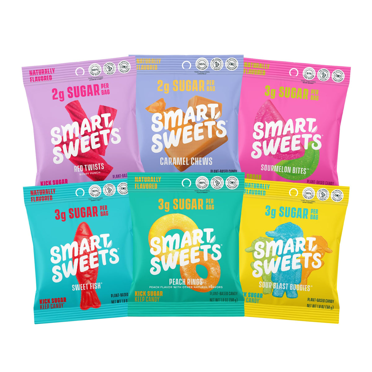 SmartSweets Variety Pack Sampler – 6 Low-Sugar Candies (Sweet Fish, Sourmelon Bites, Peach Rings, Sour Blast Buddies, Red Twists, New Soft Caramels)