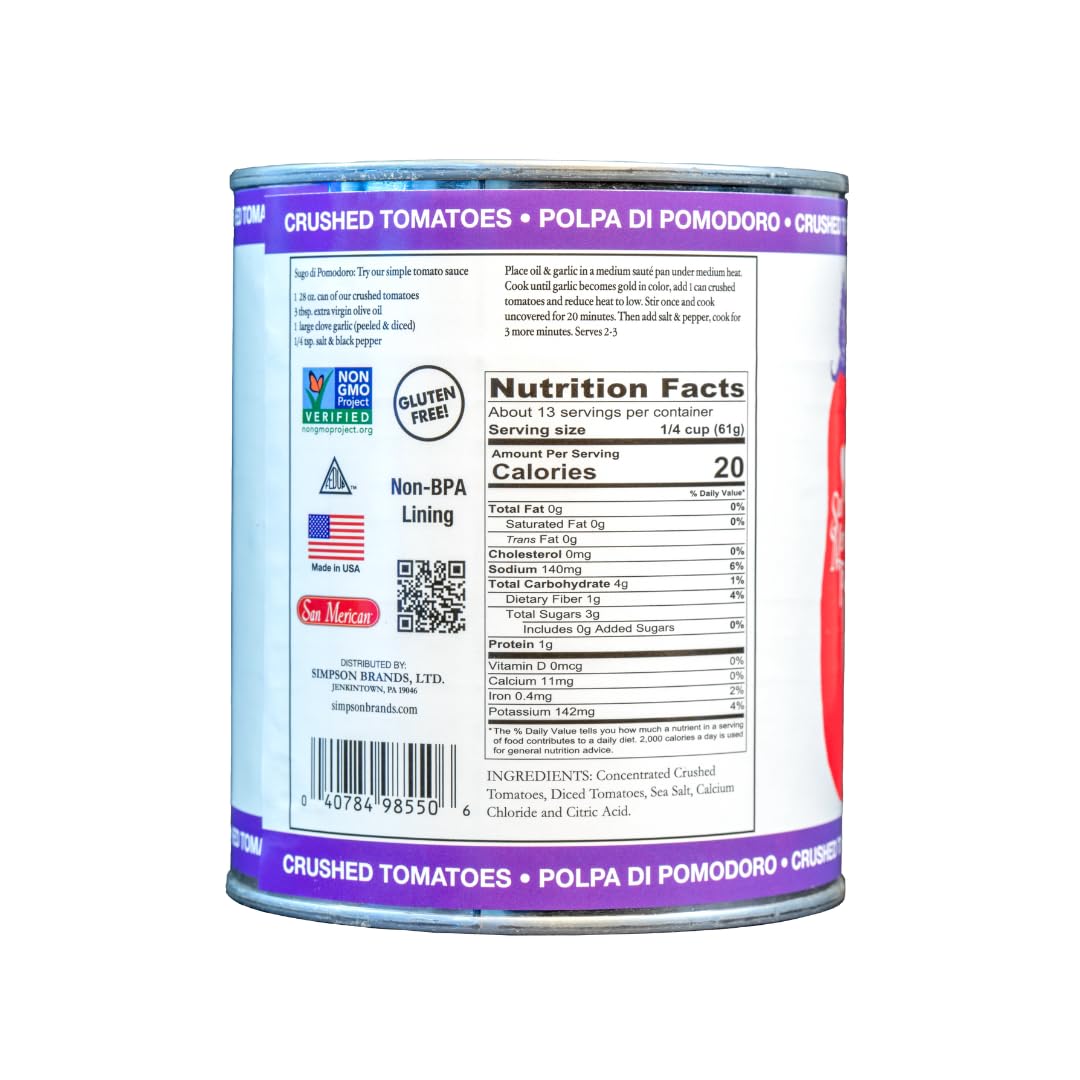 SMT SAN MERICAN TOMATO Crushed Canned Tomatoes - 28oz Pack of 6 - USA Grown