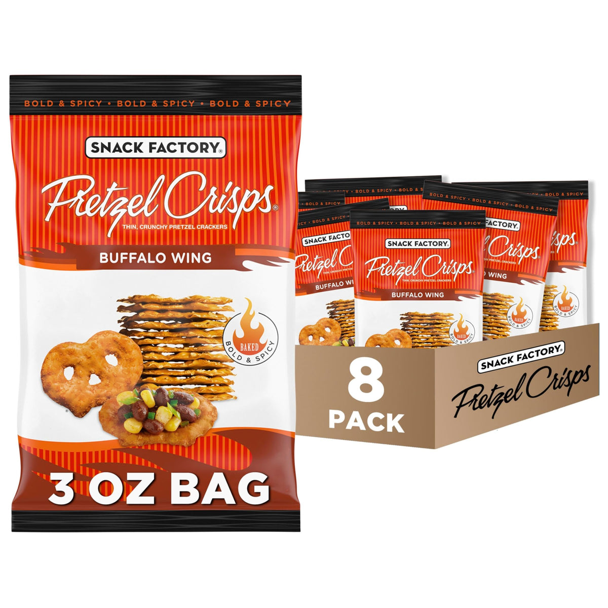 Snack Factory Buffalo Wing Pretzel Crisps – On-the-Go 3 Oz Bags (Pack of 8)