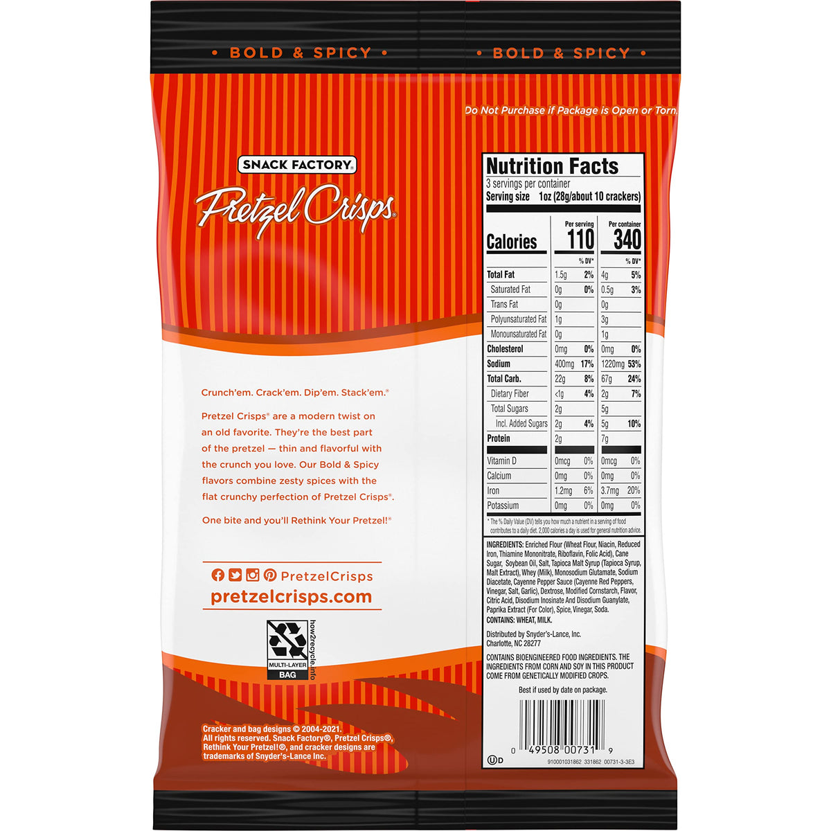 Snack Factory Buffalo Wing Pretzel Crisps – On-the-Go 3 Oz Bags (Pack of 8)