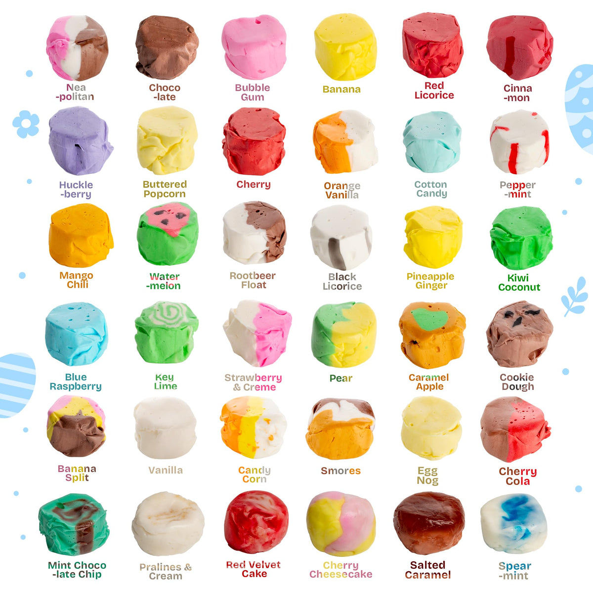 Snackathon Salt Water Taffy Variety Box — 36 Flavors, 4 lb, 280+ Pieces, Soft & Chewy Gourmet Candy Bulk