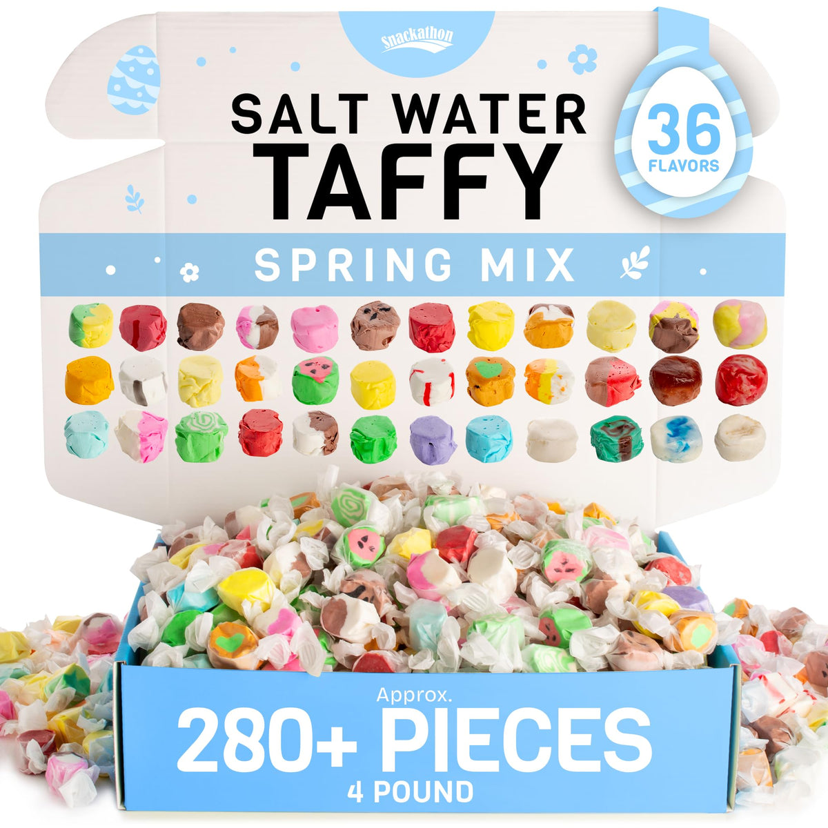 Snackathon Salt Water Taffy Variety Box — 36 Flavors, 4 lb, 280+ Pieces, Soft & Chewy Gourmet Candy Bulk