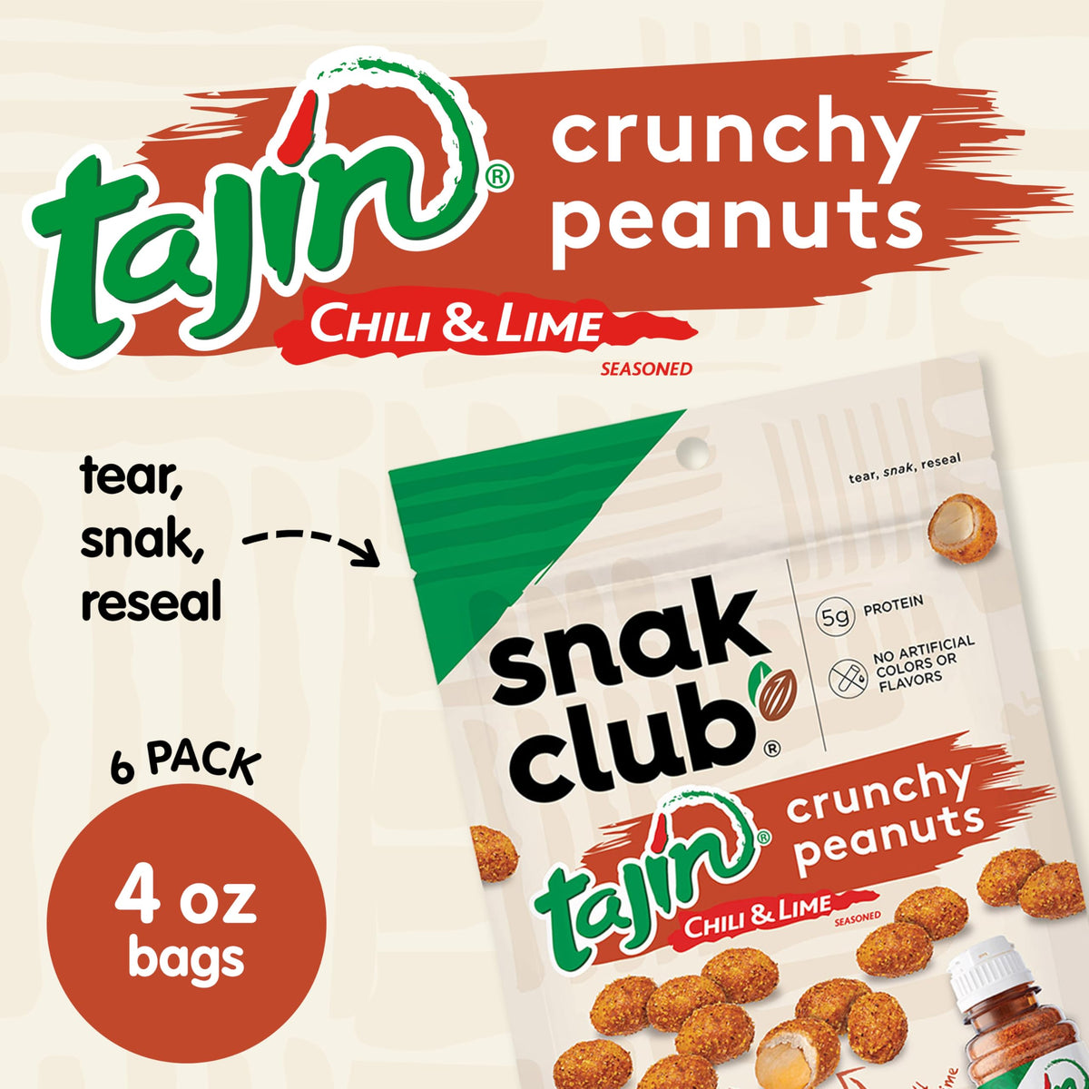 Snak Club Tajín Crunchy Peanuts – Mild Chili & Lime Snack, 4 oz Resealable Bags, 6 Pack