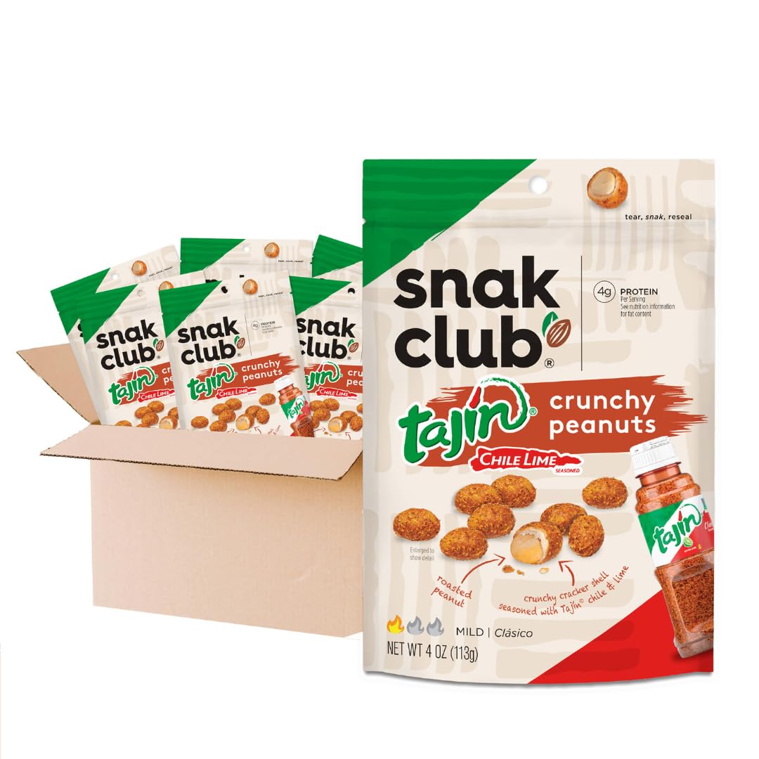 Snak Club Tajín Crunchy Peanuts – Mild Chili & Lime Snack, 4 oz Resealable Bags, 6 Pack