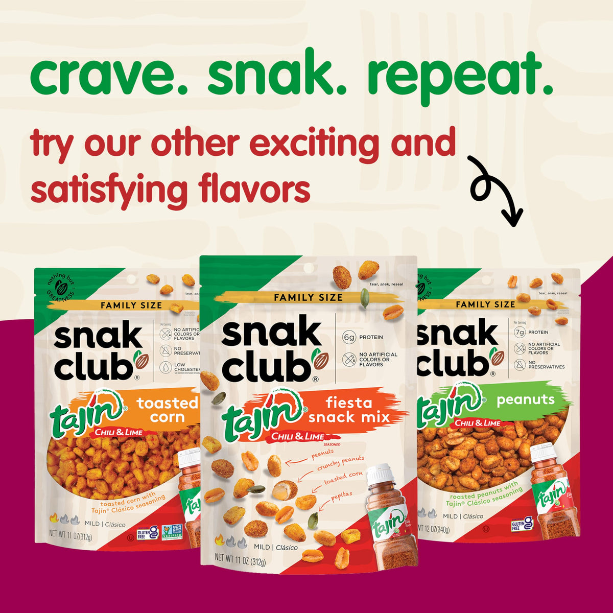 Snak Club Tajín Crunchy Peanuts – Mild Chili & Lime Snack, 4 oz Resealable Bags, 6 Pack