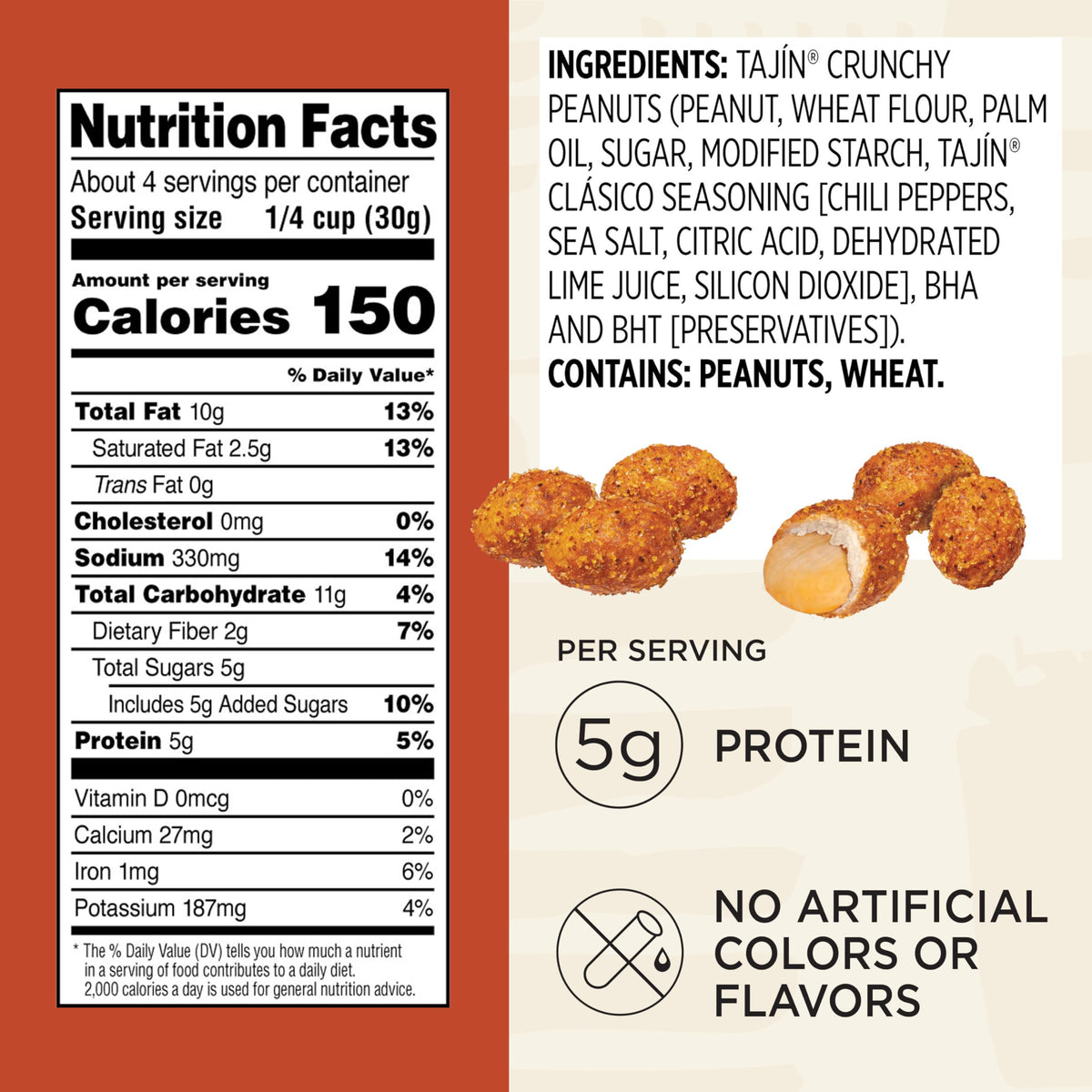 Snak Club Tajín Crunchy Peanuts – Mild Chili & Lime Snack, 4 oz Resealable Bags, 6 Pack