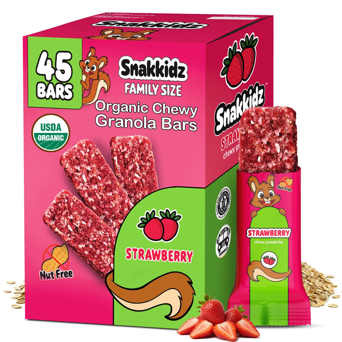 Snakkidz Organic Chewy Granola Bars for Kids – Allergen-Free, Nut-Free, Gluten-Free, Strawberry