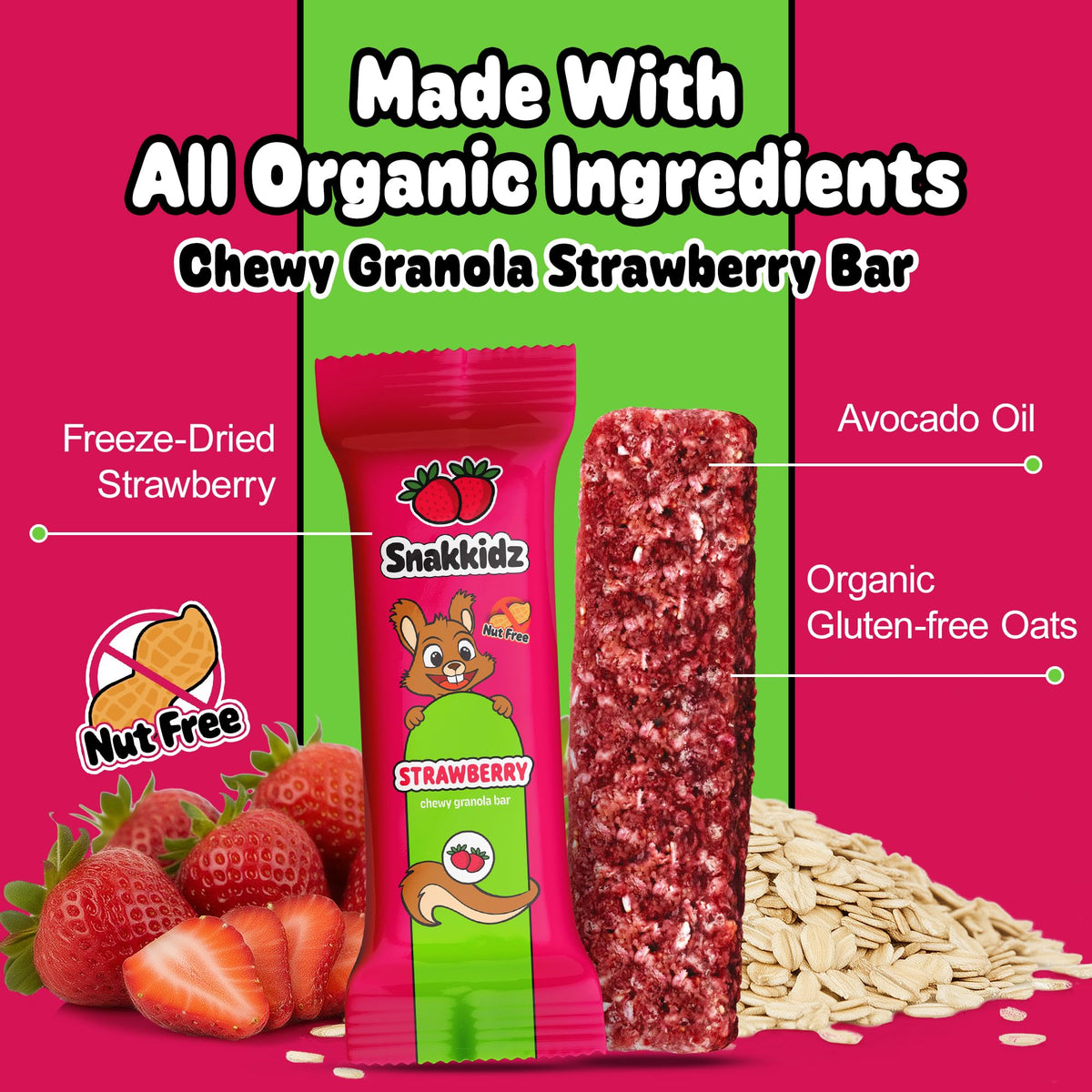 Snakkidz Organic Chewy Granola Bars for Kids – Allergen-Free, Nut-Free, Gluten-Free, Strawberry