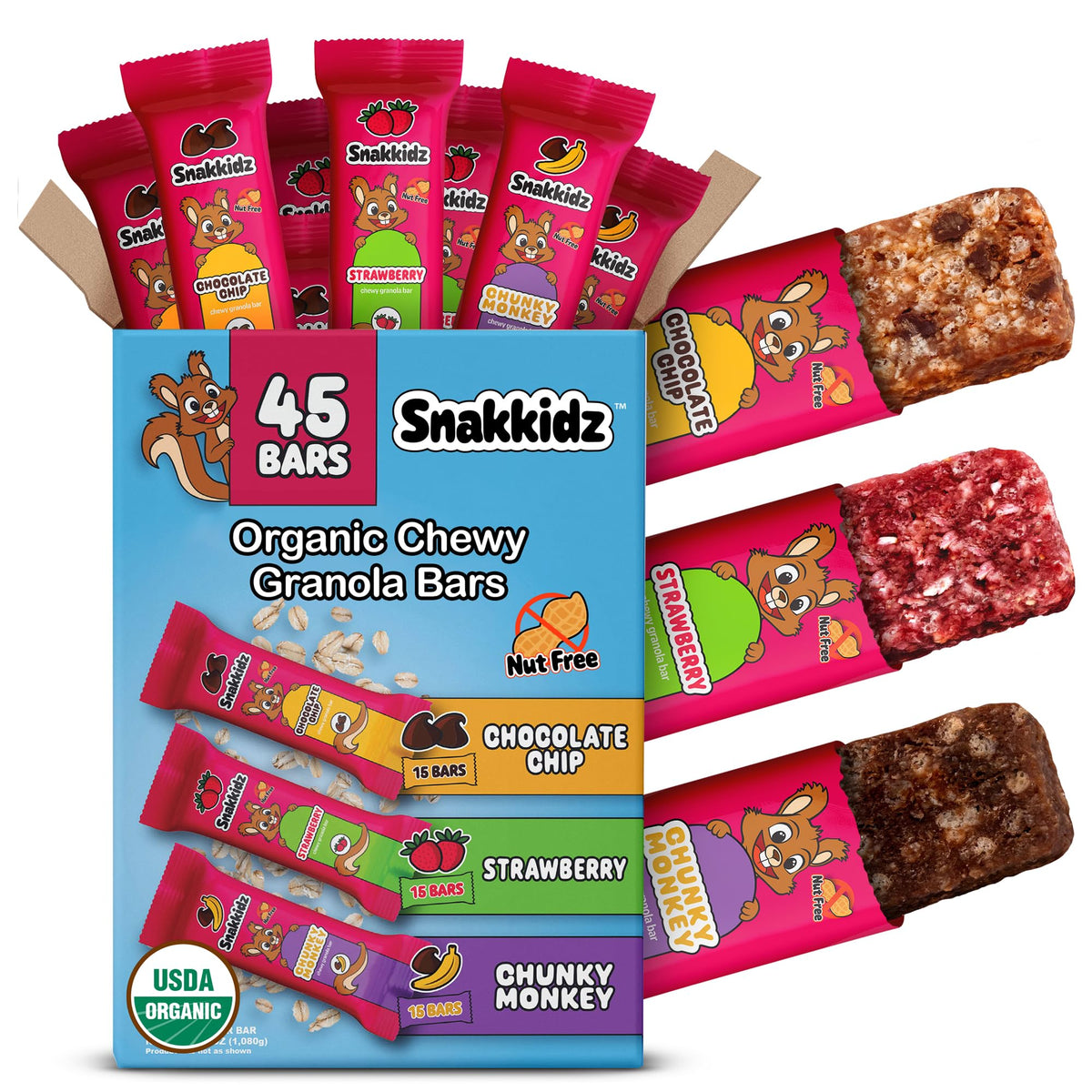 Snakkidz Organic Chewy Granola Bars for Kids – Allergen-Free, Gluten-Free, Low Sugar, Avocado Oil – 45-Pack Variety