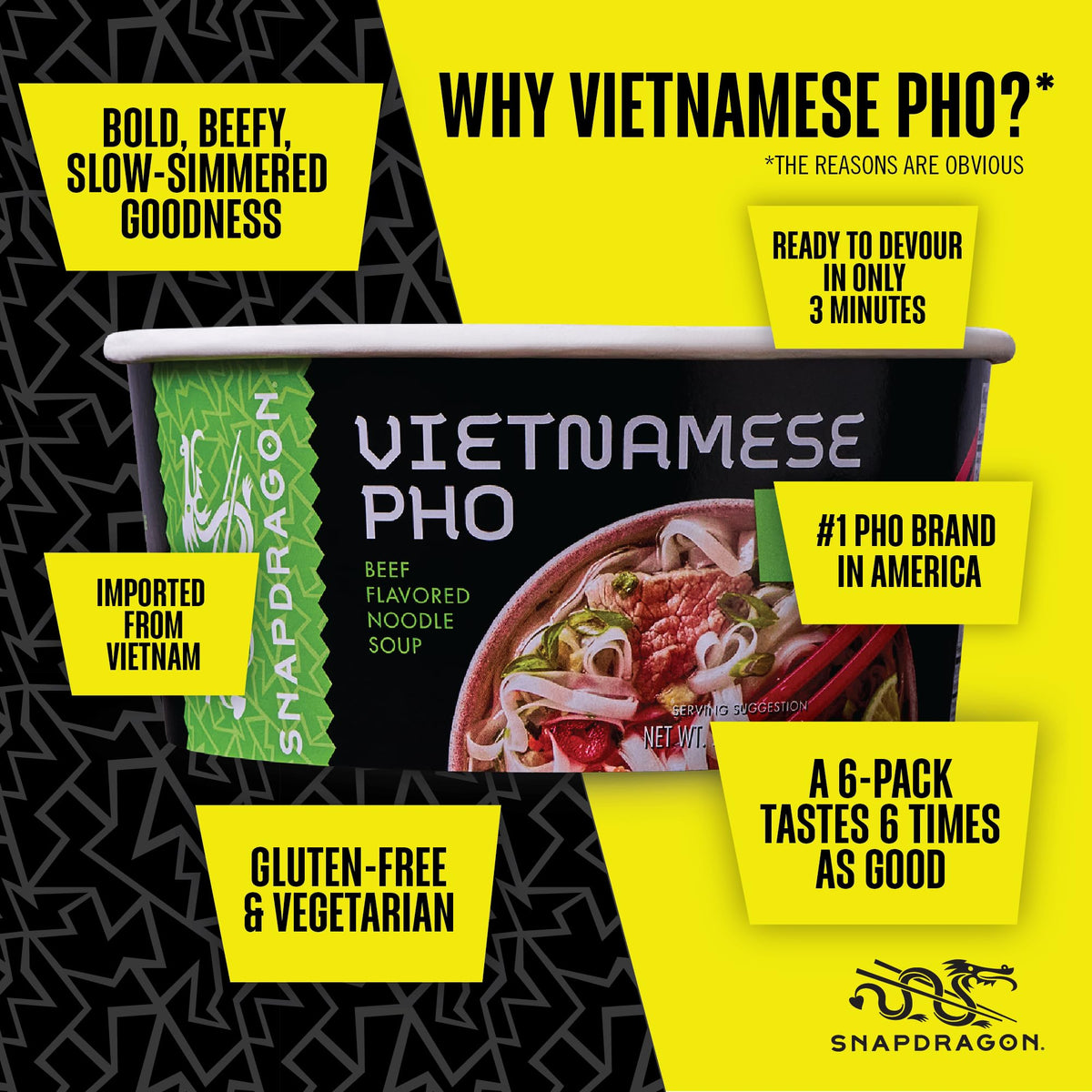 Snapdragon Pho Instant Noodle Bowls | Pho Flavor Broth with Rice Noodles, No Artificial Flavors, No MSG Added, 2.3 oz (9 Pack)