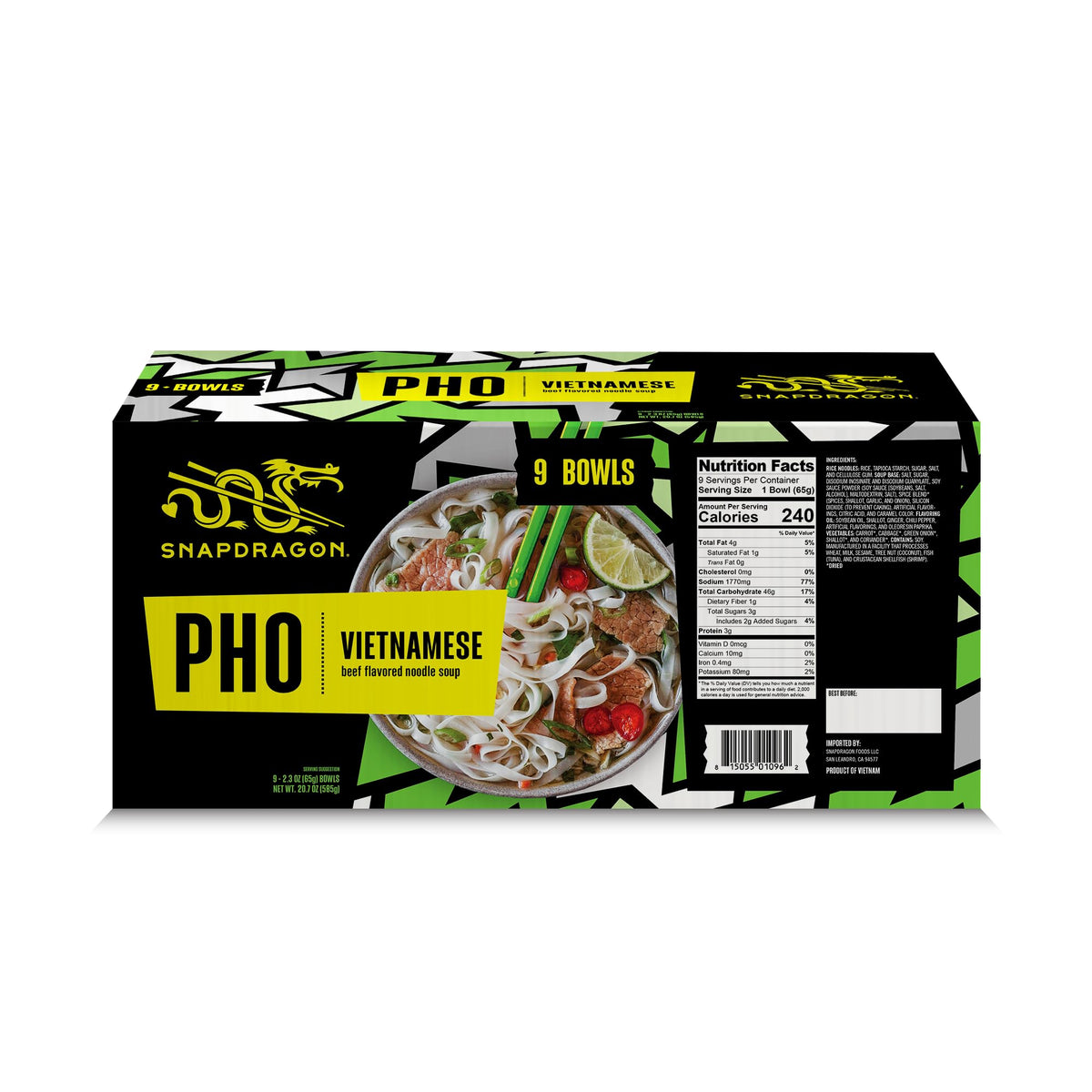 Snapdragon Pho Instant Noodle Bowls | Pho Flavor Broth with Rice Noodles, No Artificial Flavors, No MSG Added, 2.3 oz (9 Pack)