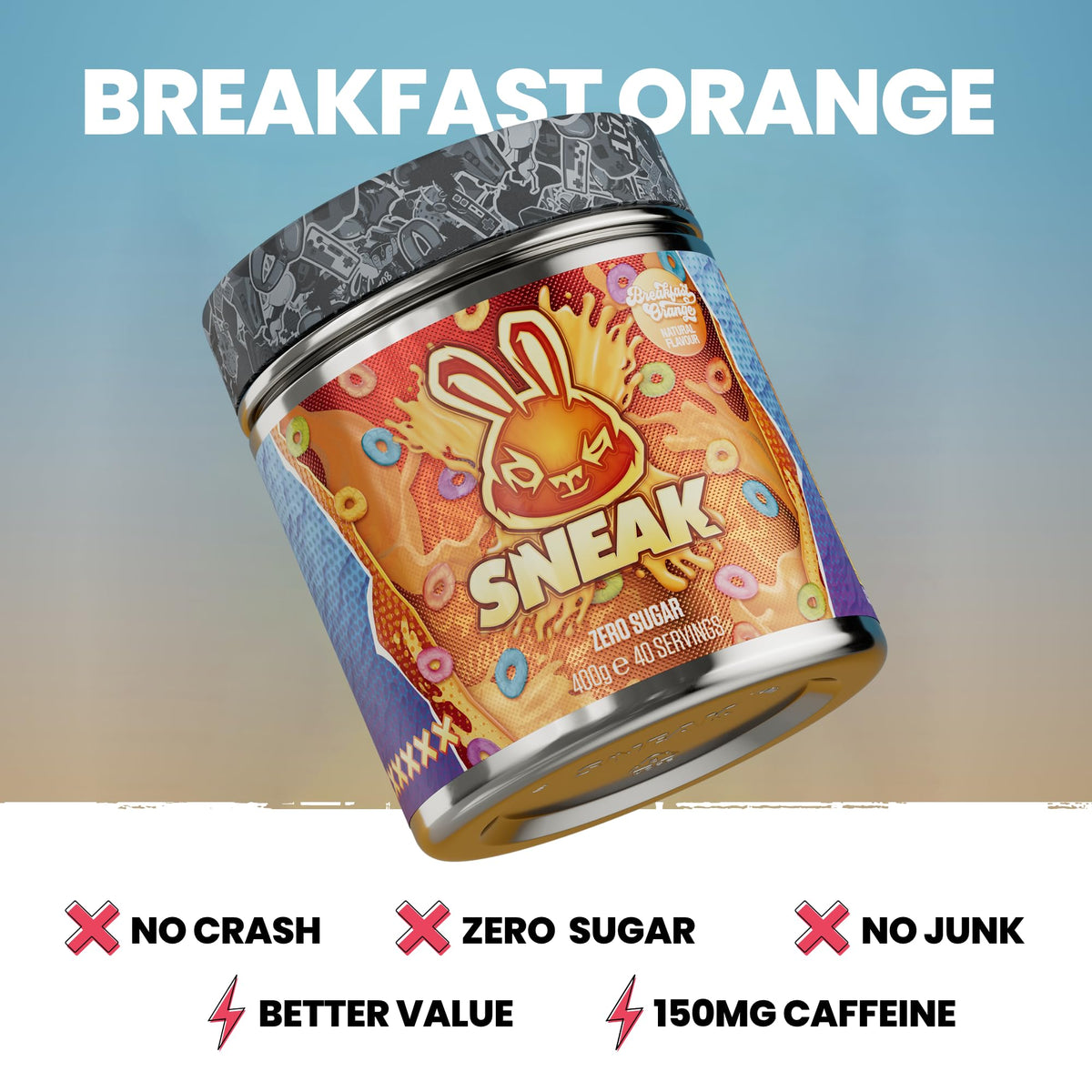 SNEAK Energy Drink Powder – Breakfast Orange | No Sugar, Natural Caffeine, Focus Nootropics | 40 Servings
