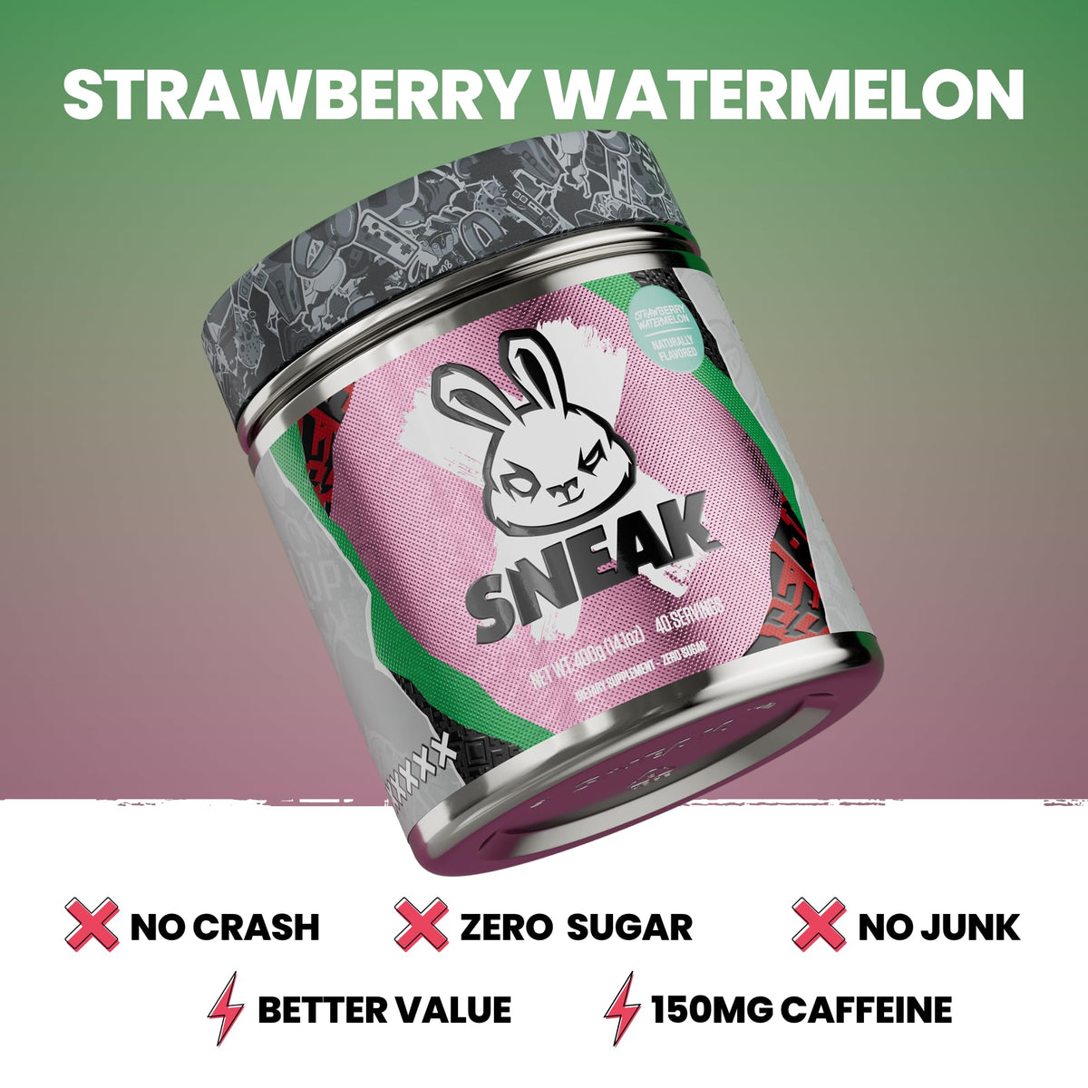 SNEAK Energy Drink Powder – Strawberry Watermelon | No Sugar, Natural Caffeine, 40 Servings
