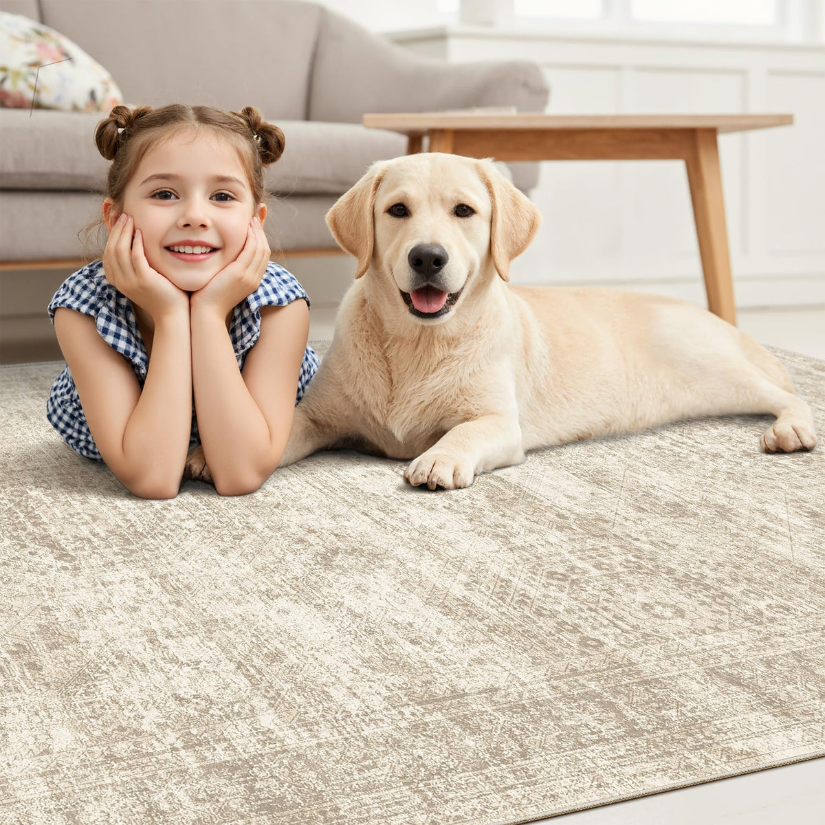 Soalmost Washable Area Rug 8x10 Large Soft Beige Rugs for Living Room