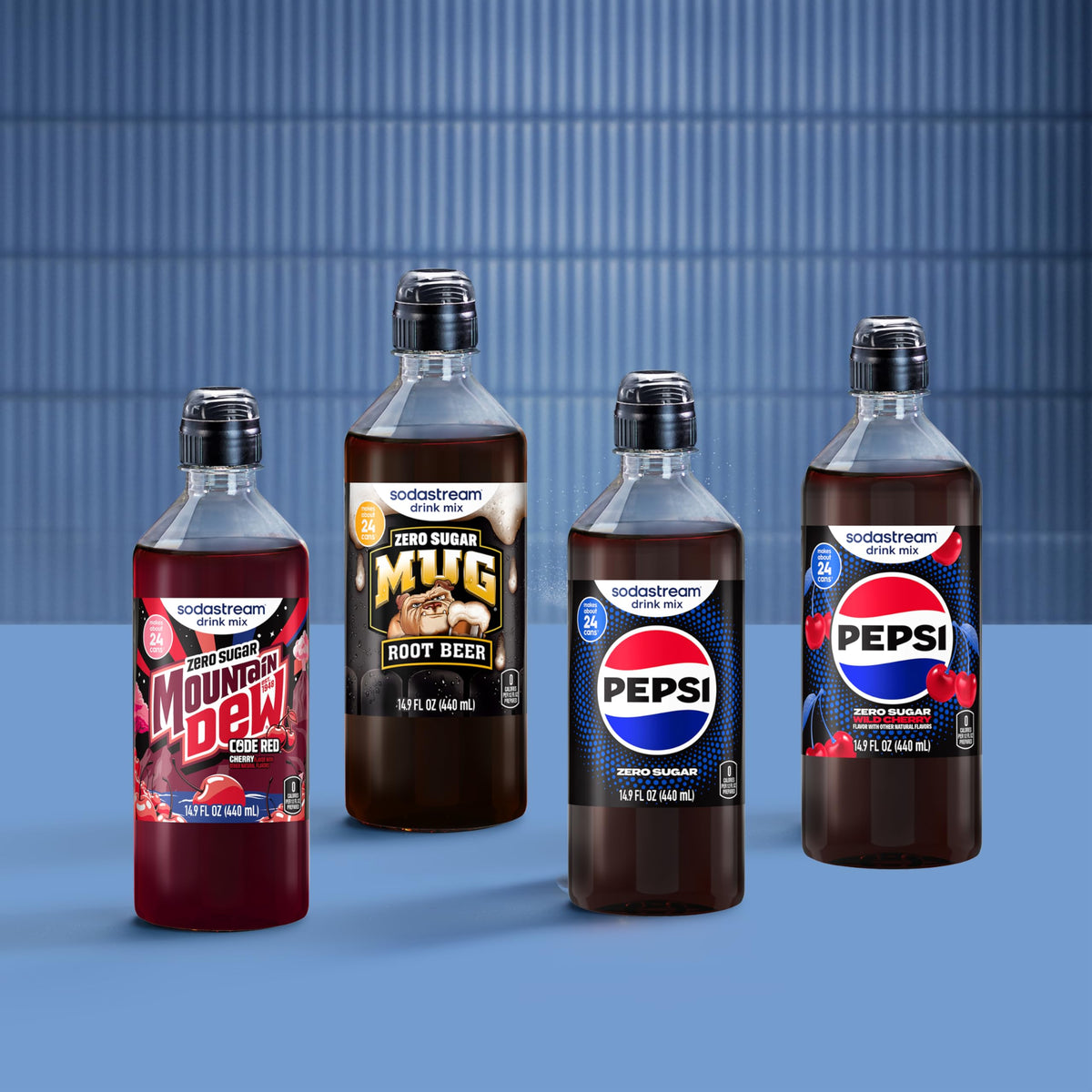SodaStream MTN Dew Code Red Zero, Mug Root Zero, Pepsi Zero & Pepsi Wild Cherry Zero – 4x14.9 oz Variety Pack