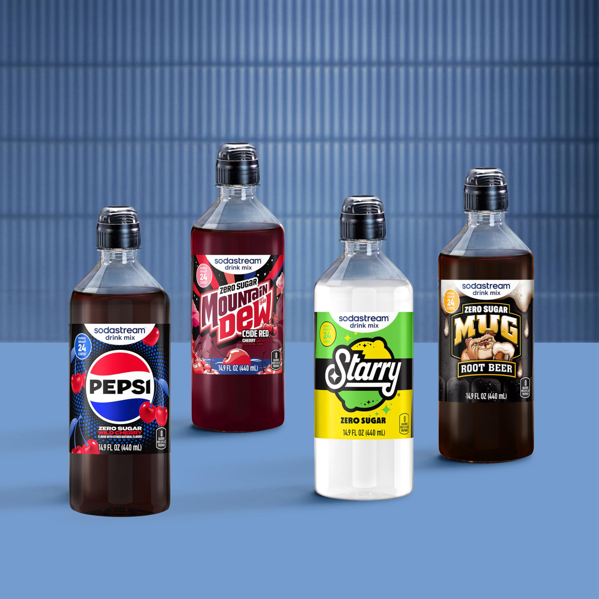 SodaStream Variety Beverage Mix Pack (4 x 14.9oz) – Pepsi Wild Cherry Zero, Mountain Dew Code Red Zero, Starry Zero & Mug Root Zero