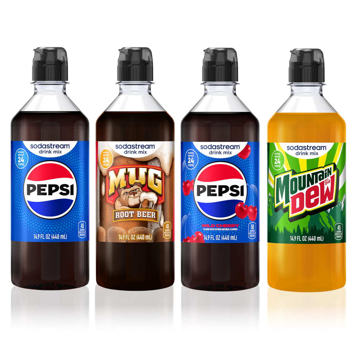 Sodastream Variety Beverage Pack 440ml – Pepsi, Mug Root Beer, Pepsi Wild Cherry & MTN Dew New Pour (Pack of 4)