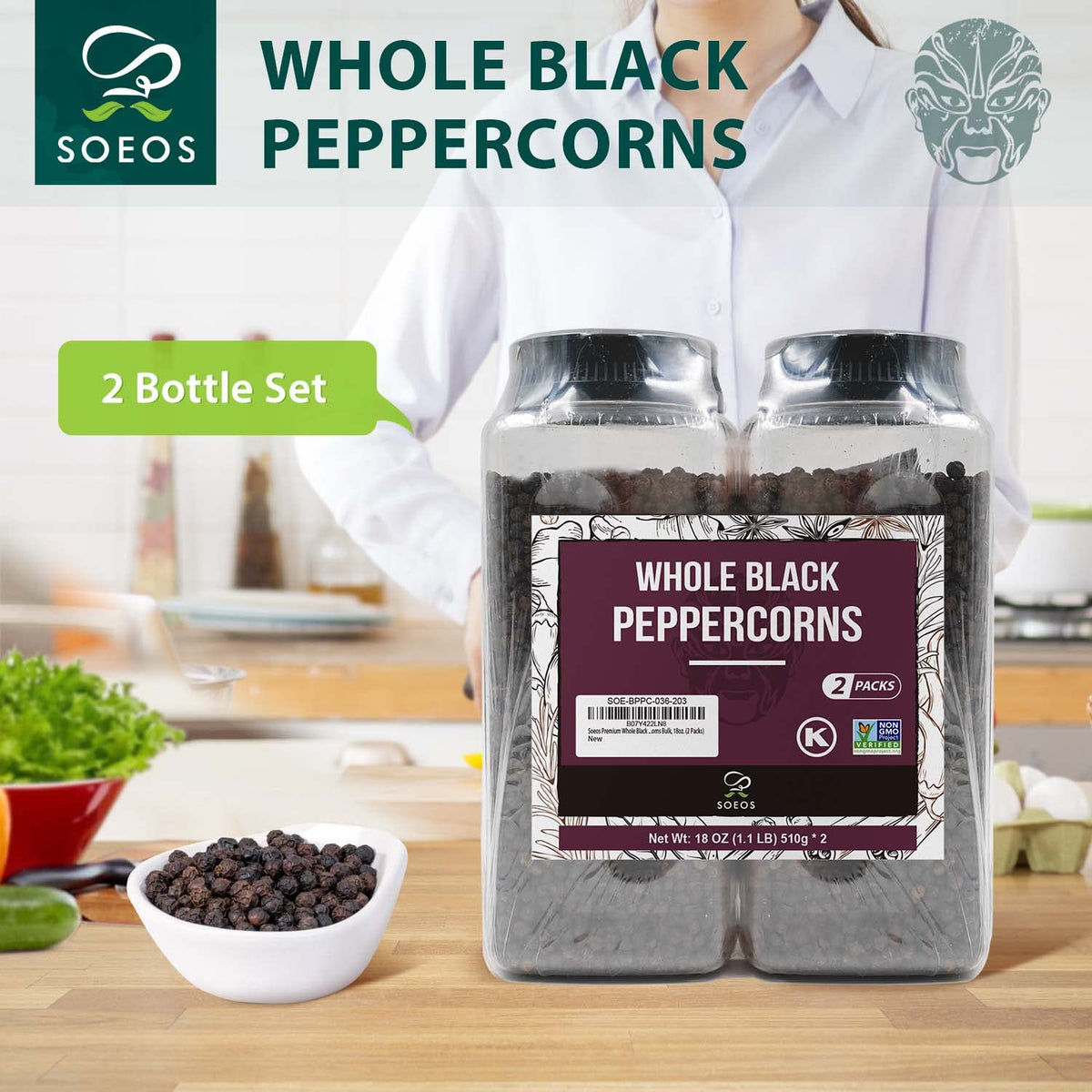 Soeos Black Peppercorns, 18oz x2 – Whole, Non-GMO, Kosher, Fresh-Pack Peppercorns