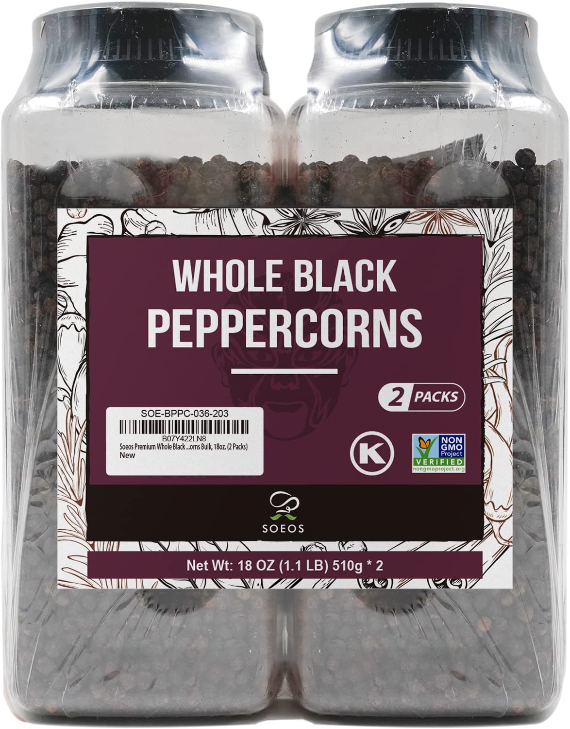 Soeos Black Peppercorns, 18oz x2 – Whole, Non-GMO, Kosher, Fresh-Pack Peppercorns