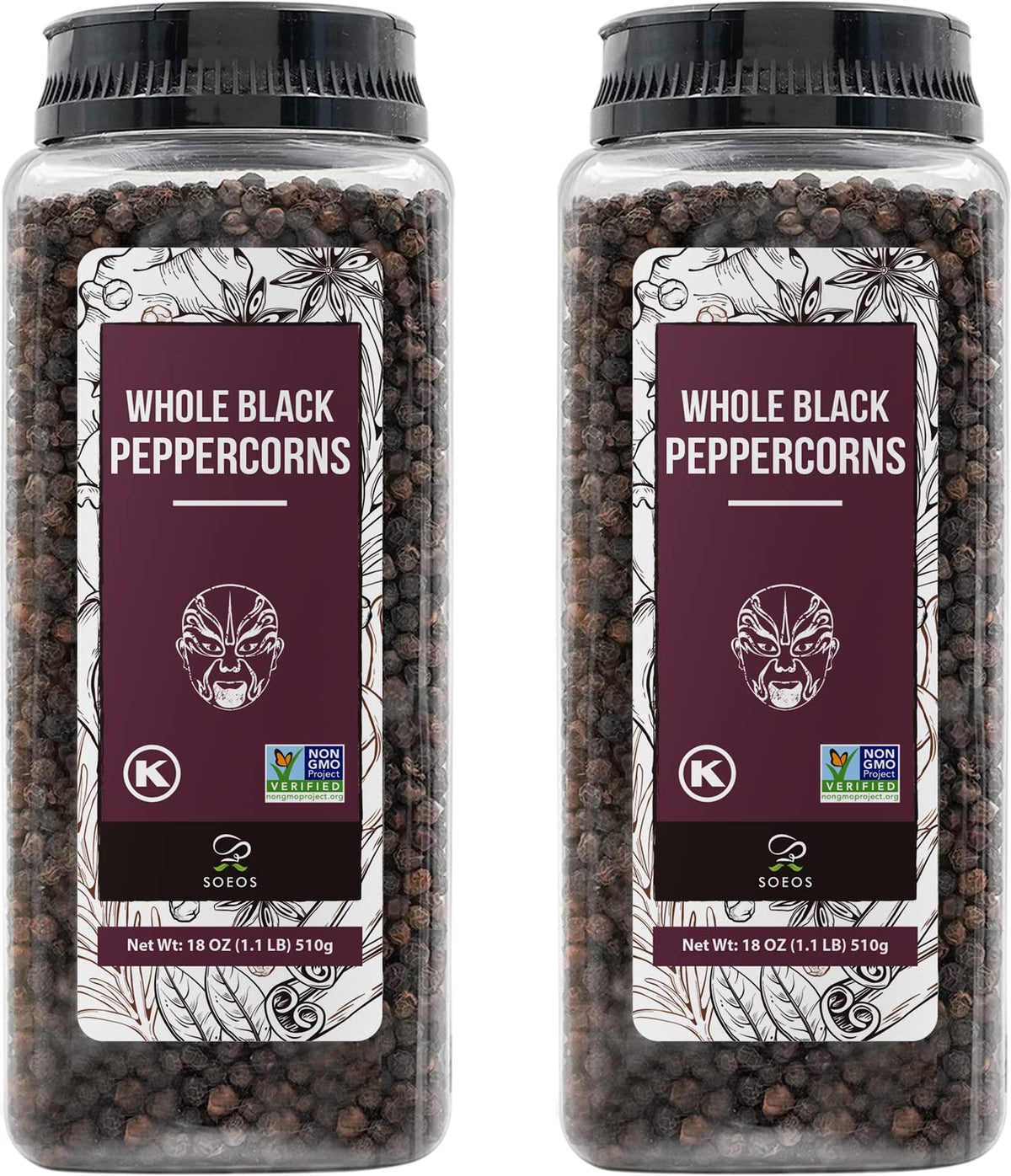 Soeos Black Peppercorns, 18oz x2 – Whole, Non-GMO, Kosher, Fresh-Pack Peppercorns