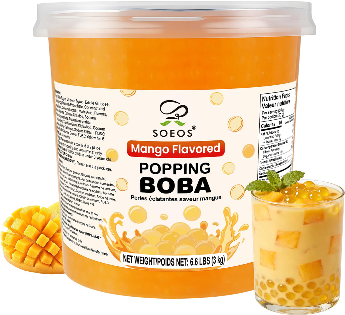 Soeos Mango Popping Boba, 6.6 lbs (3kg) – Bursting Mango Juice Pearls for Bubble Tea & Desserts