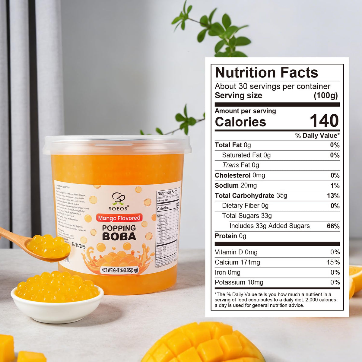 Soeos Mango Popping Boba, 6.6 lbs (3kg) – Bursting Mango Juice Pearls for Bubble Tea & Desserts