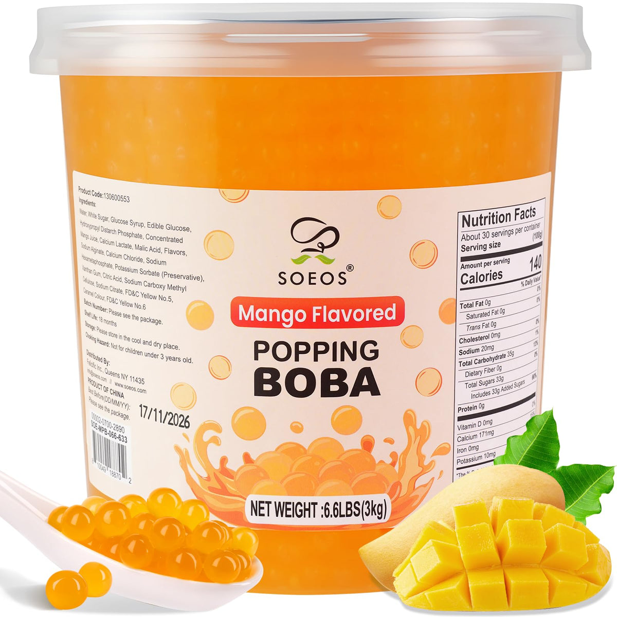 Soeos Mango Popping Boba Pearls 6.6 lb – Bursting Mango Flavor for Bubble Tea, Desserts & More