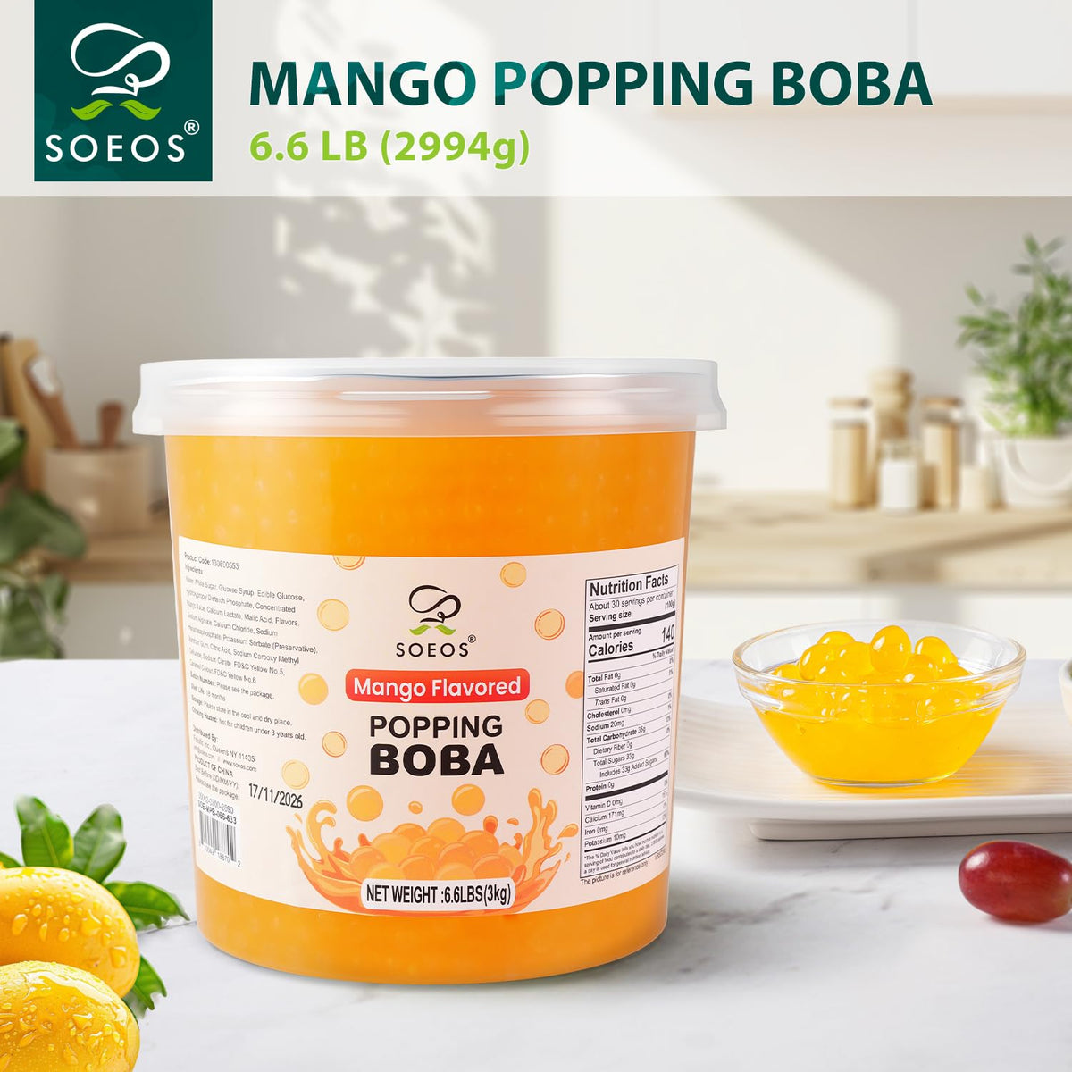 Soeos Mango Popping Boba, 6.6 lbs (3kg) – Bursting Mango Juice Pearls for Bubble Tea & Desserts