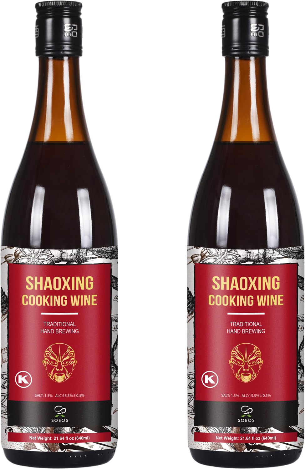 Soeos Shaoxing Cooking Wine - Shaoxing Rice Wine, 2 Pack (640 ml each)