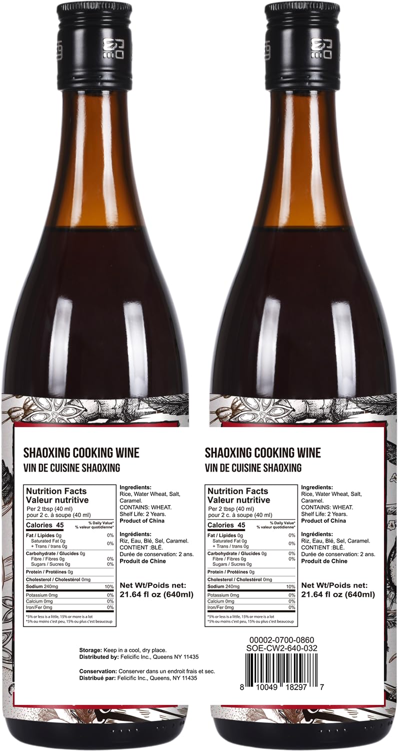 Soeos Shaoxing Cooking Wine - Shaoxing Rice Wine, 2 Pack (640 ml each)