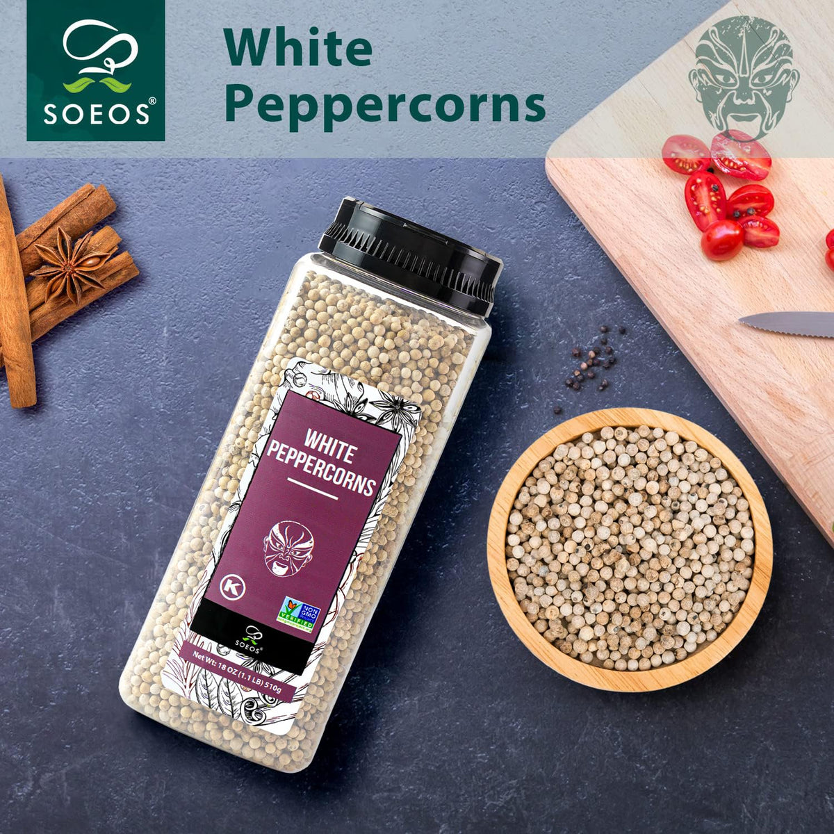 Soeos White Peppercorns, 18oz – Non-GMO, Kosher, Whole for Fresh Grinding