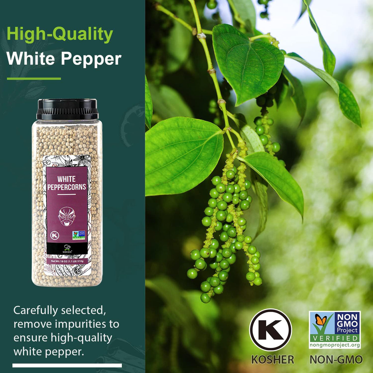 Soeos White Peppercorns, 18oz – Non-GMO, Kosher, Whole for Fresh Grinding